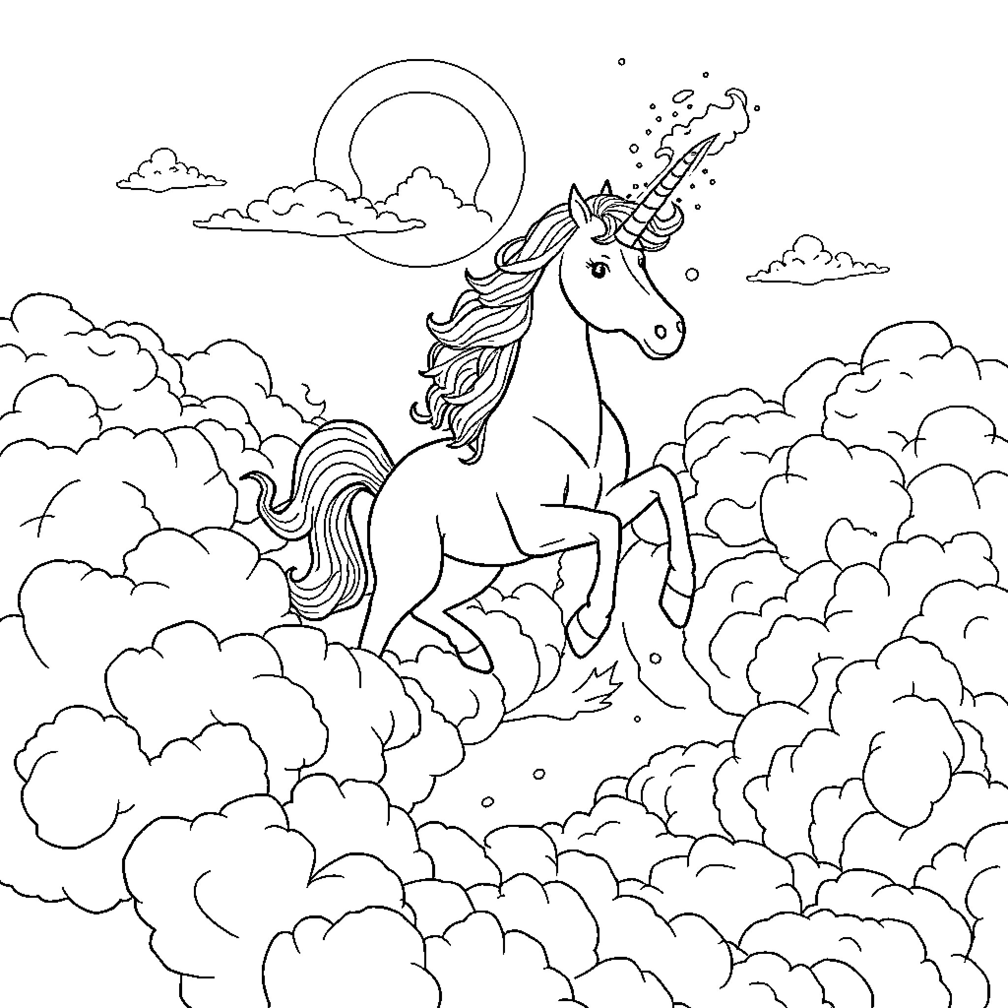 Unicorn galloping through the magical clouds Coloring Page (free black-and-white line drawing printable PDF for all, from beginners to advanced learners, including children, teens, adults, and seniors)