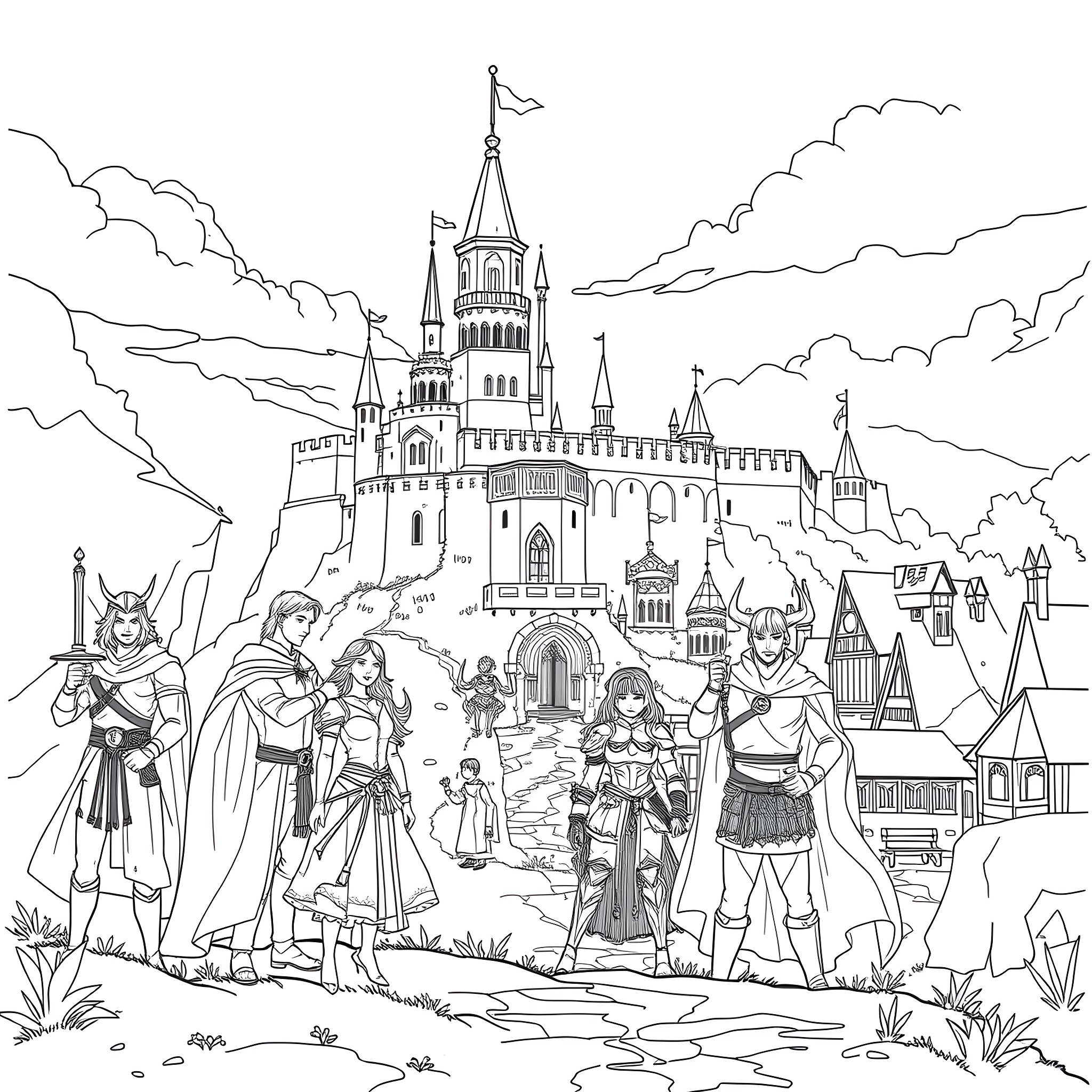 Descendants exploring the enchanted castle Coloring Page (free black-and-white line drawing printable PDF for all, from beginners to advanced learners, including children, teens, adults, and seniors)