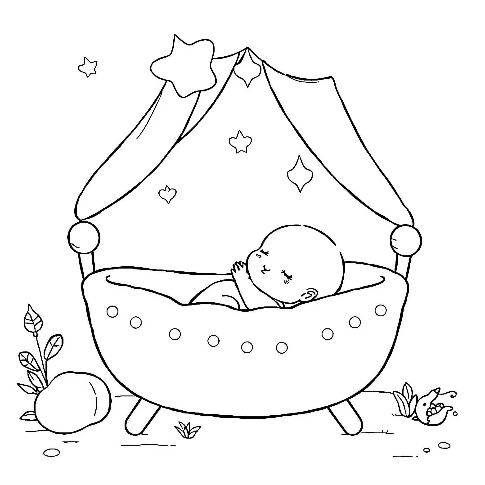 Baby sleeping peacefully in a star-adorned crib Coloring Page (free black-and-white line drawing printable PDF for all, from beginners to advanced learners, including children, teens, adults, and seniors)