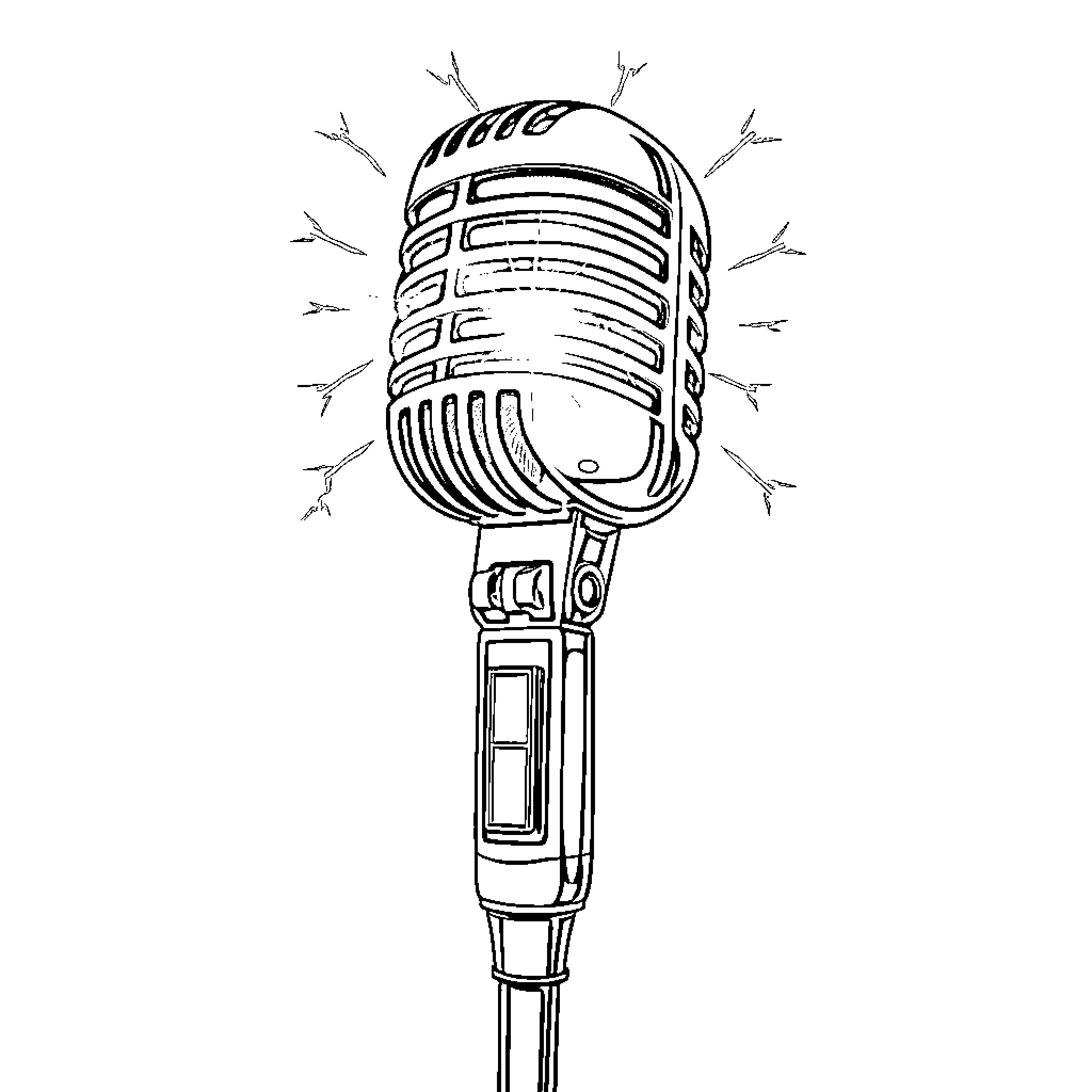 Microphone with retro design and lighting effects Coloring Page (free black-and-white line drawing printable PDF for all, from beginners to advanced learners, including children, teens, adults, and seniors)