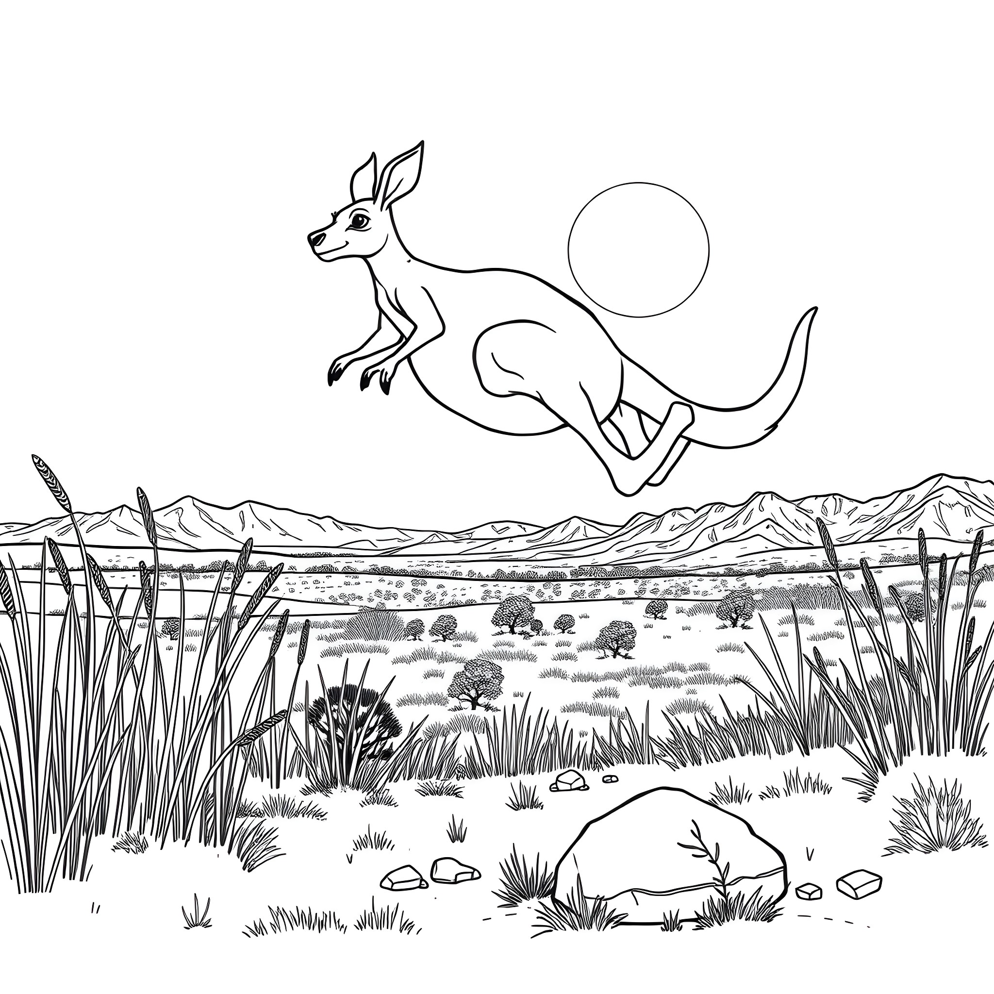 Kangaroo hopping through the desert landscape Coloring Page (free black-and-white line drawing printable PDF for all, from beginners to advanced learners, including children, teens, adults, and seniors)