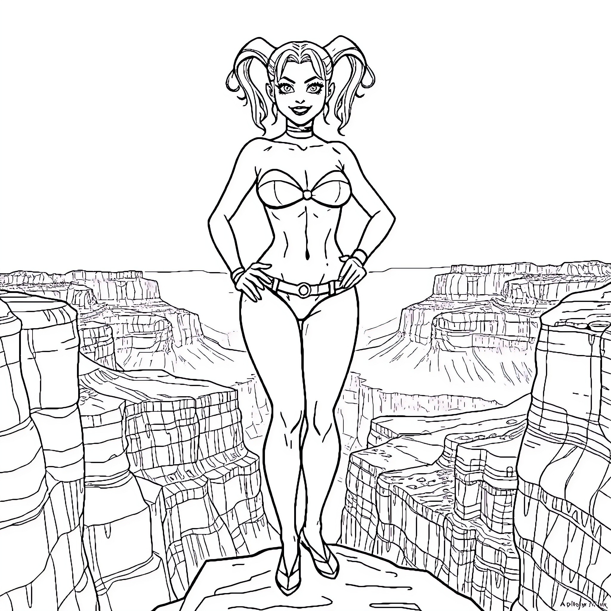 Harley Quinn posing confidently against a desert landscape Coloring Page (free black-and-white line drawing printable PDF for all, from beginners to advanced learners, including children, teens, adults, and seniors)