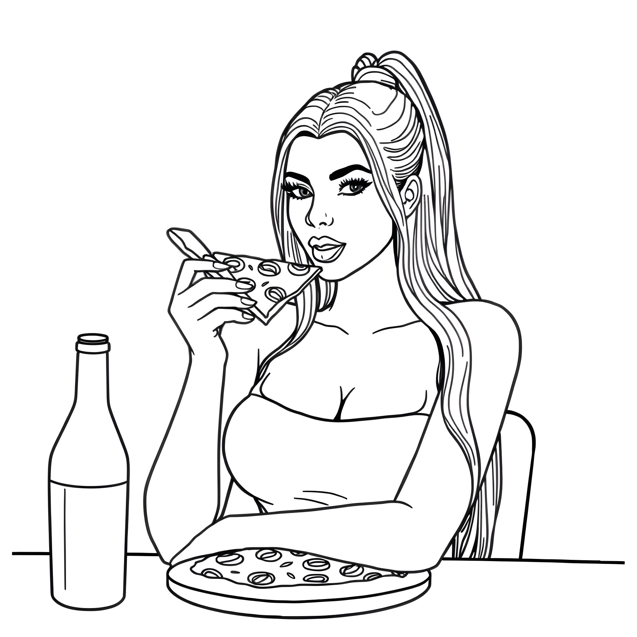 Kim Kardashian enjoying pizza and wine Coloring Page (free black-and-white line drawing printable PDF for all, from beginners to advanced learners, including children, teens, adults, and seniors)