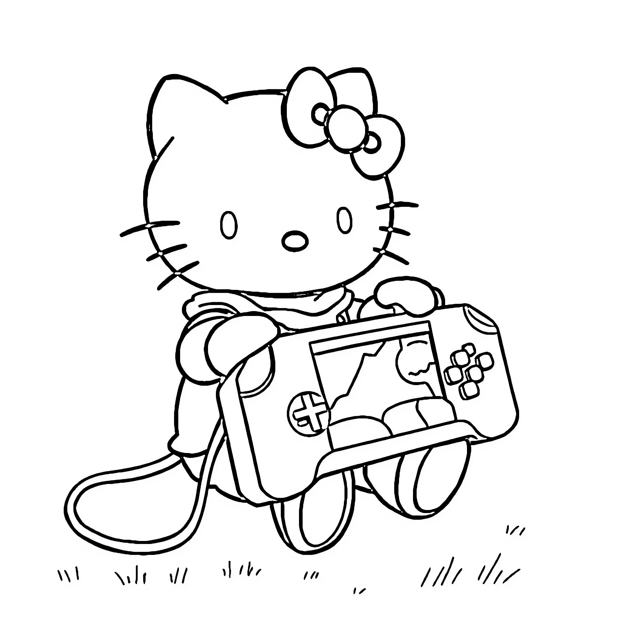 Hello Kitty playing video games with a controller Coloring Page (free black-and-white line drawing printable PDF for all, from beginners to advanced learners, including children, teens, adults, and seniors)