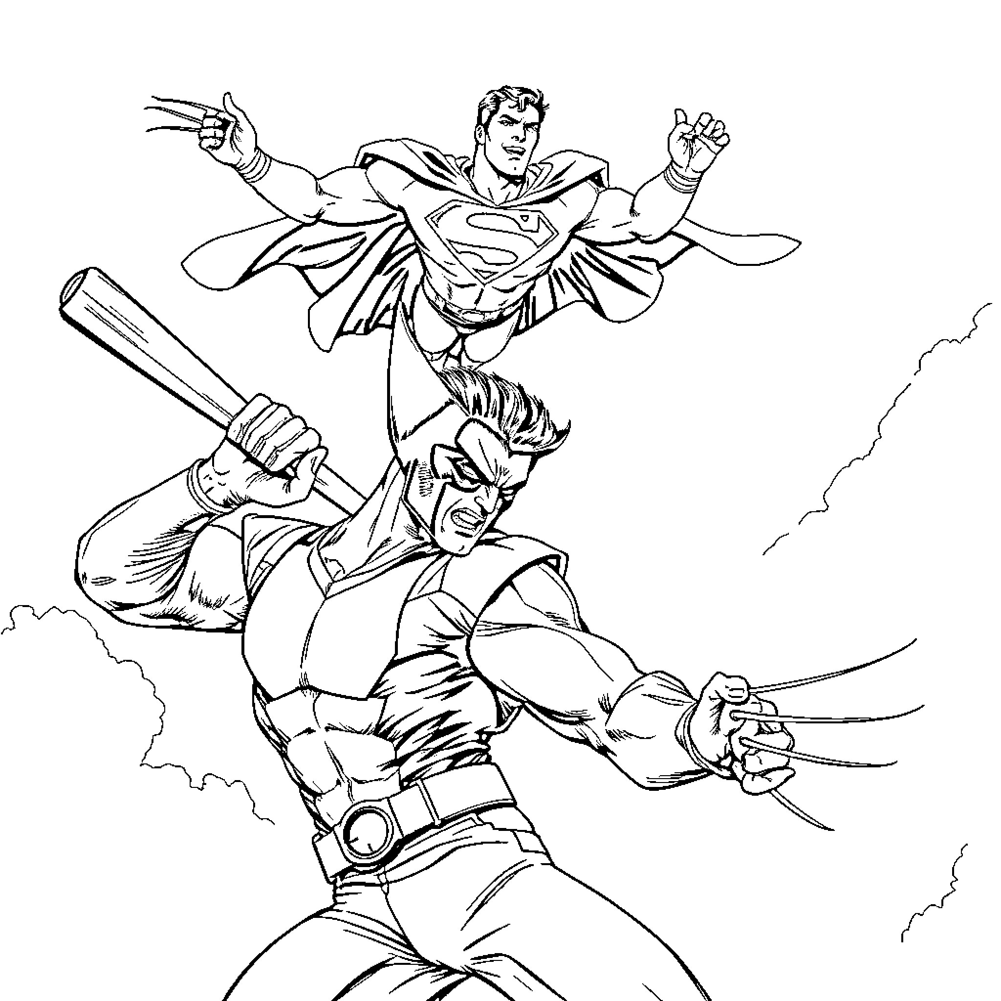 Wolverine fighting against superhero in the sky Coloring Page (free black-and-white line drawing printable PDF for all, from beginners to advanced learners, including children, teens, adults, and seniors)