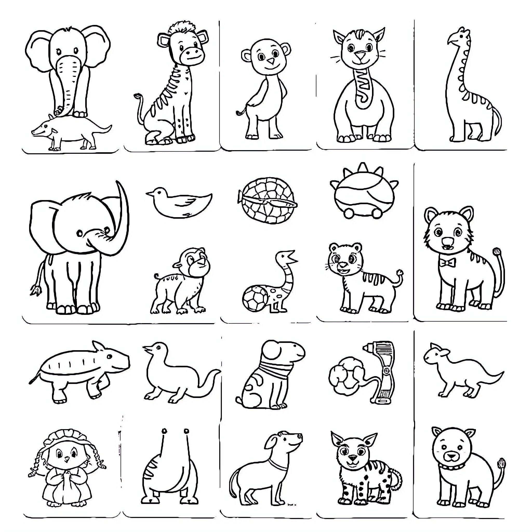 Animals in cartoon styles Coloring Page (free black-and-white line drawing printable PDF for all, from beginners to advanced learners, including children, teens, adults, and seniors)