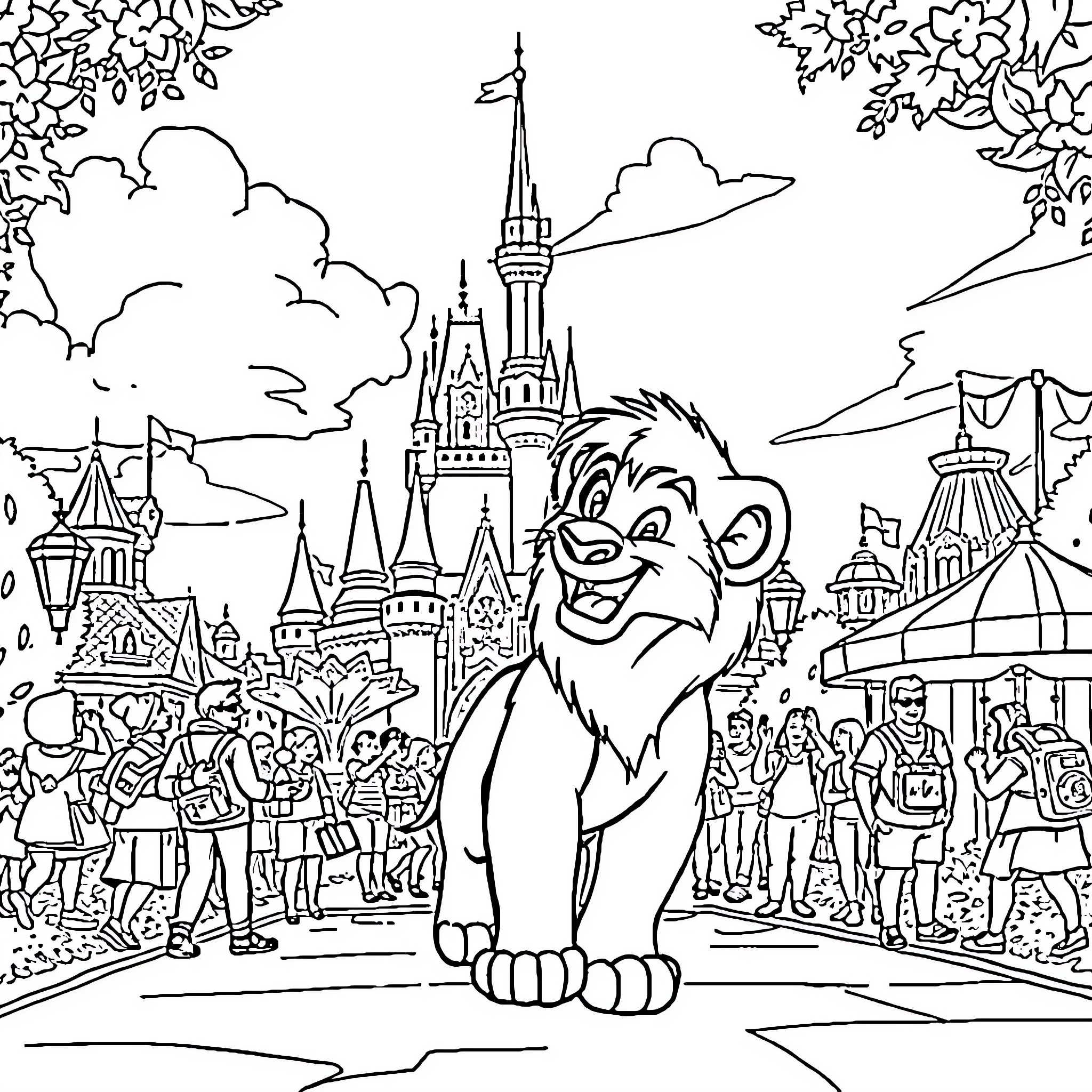 Simba explores the enchanting Disney kingdom Coloring Page (free black-and-white line drawing printable PDF for all, from beginners to advanced learners, including children, teens, adults, and seniors)