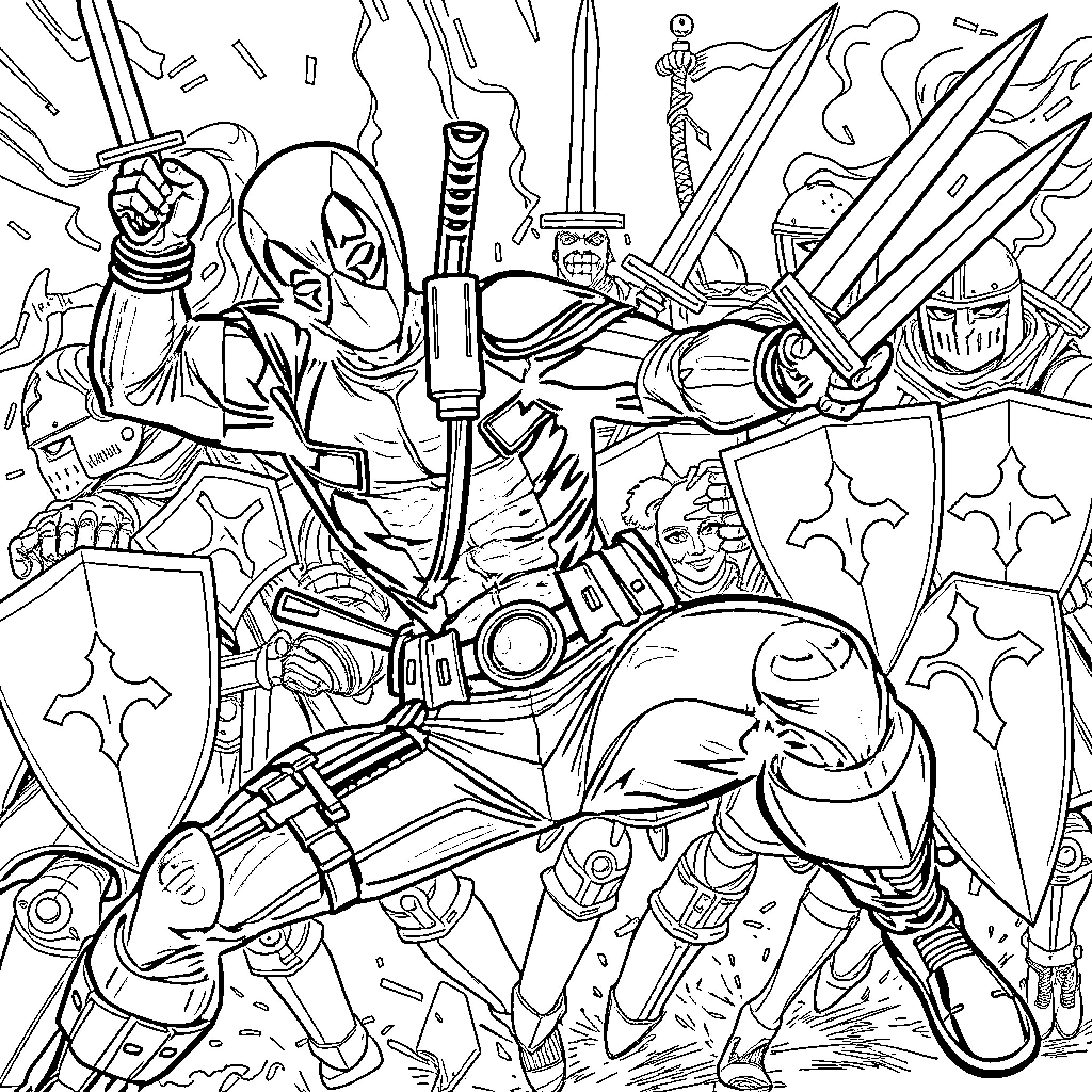 Deadpool in an action-packed scene Coloring Page (free black-and-white line drawing printable PDF for all, from beginners to advanced learners, including children, teens, adults, and seniors)