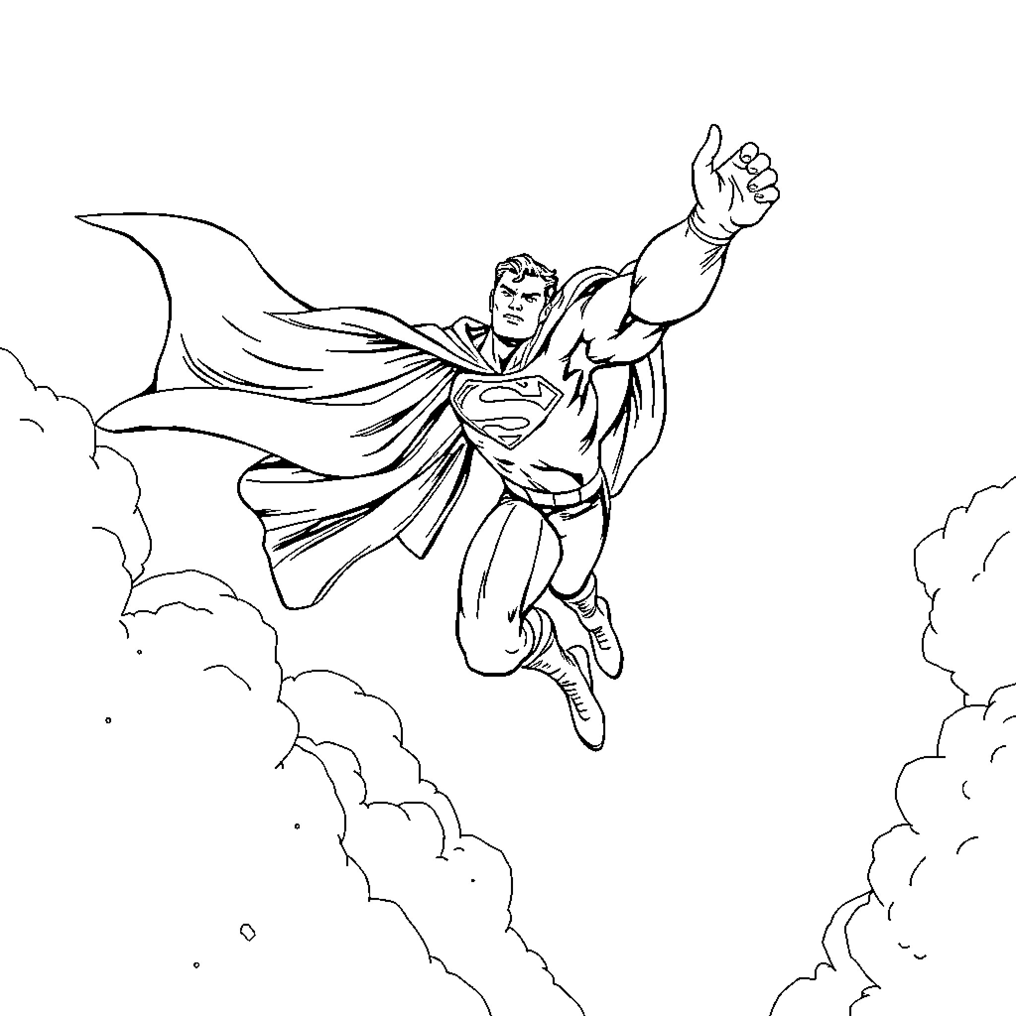 Superman soaring through the clouds Coloring Page (free black-and-white line drawing printable PDF for all, from beginners to advanced learners, including children, teens, adults, and seniors)
