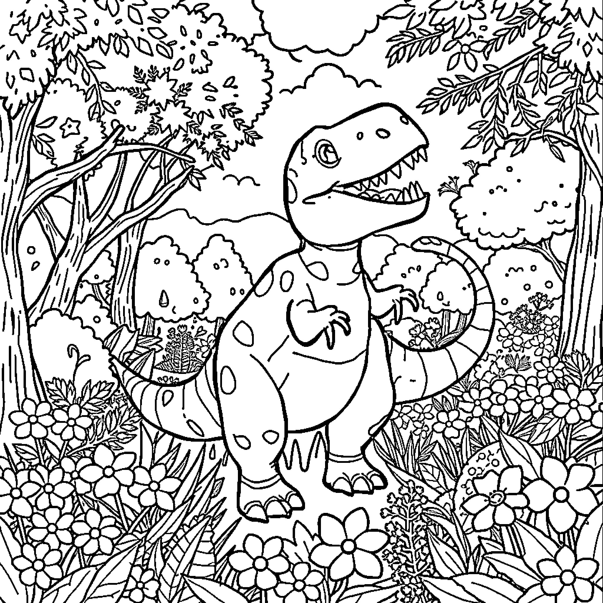 Dinosaur enjoying nature in the forest Coloring Page (free black-and-white line drawing printable PDF for all, from beginners to advanced learners, including children, teens, adults, and seniors)
