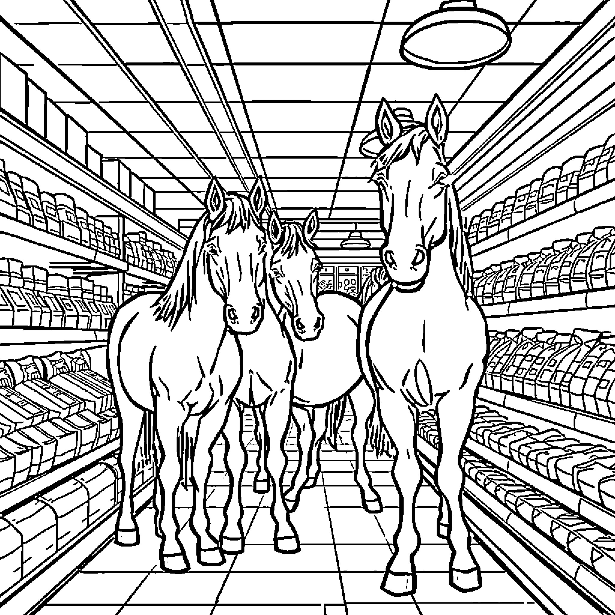 Horses running down supermarket aisle Coloring Page (free black-and-white line drawing printable PDF for all, from beginners to advanced learners, including children, teens, adults, and seniors)