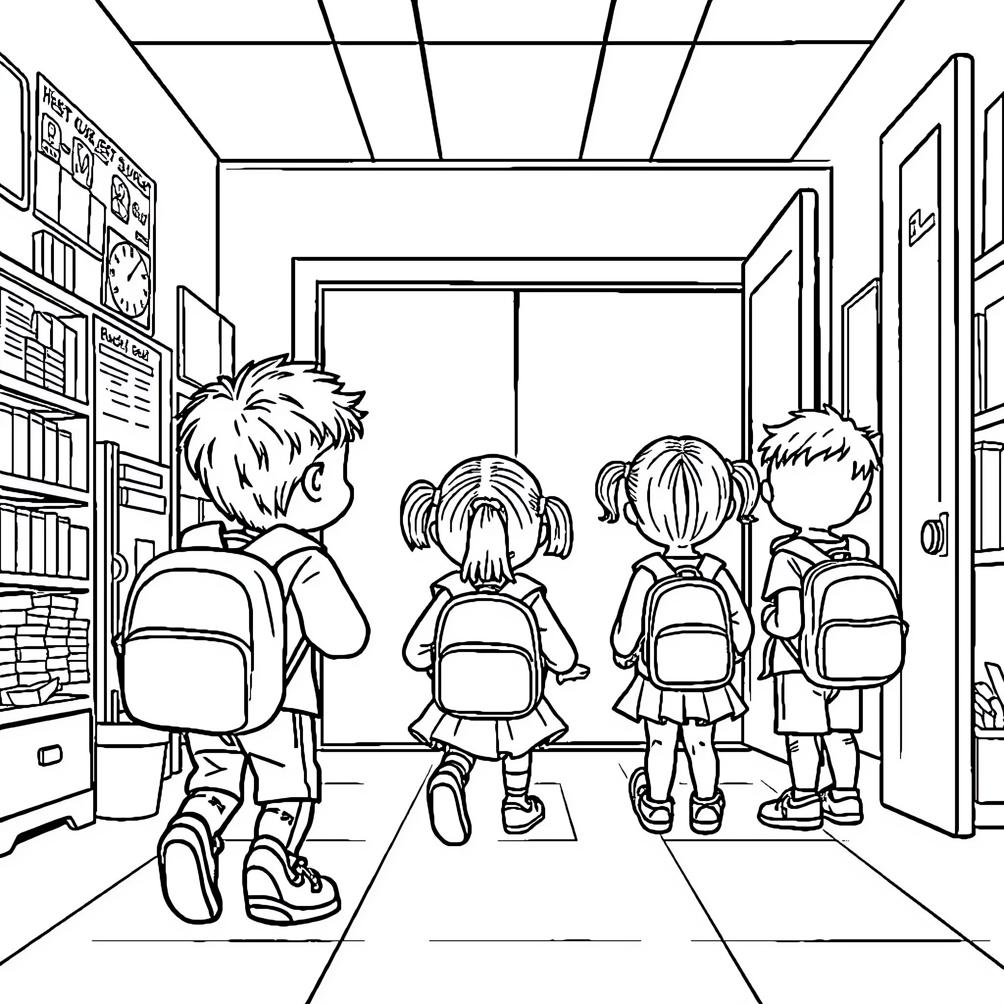 Preschool children exploring the school library Coloring Page (free black-and-white line drawing printable PDF for all, from beginners to advanced learners, including children, teens, adults, and seniors)