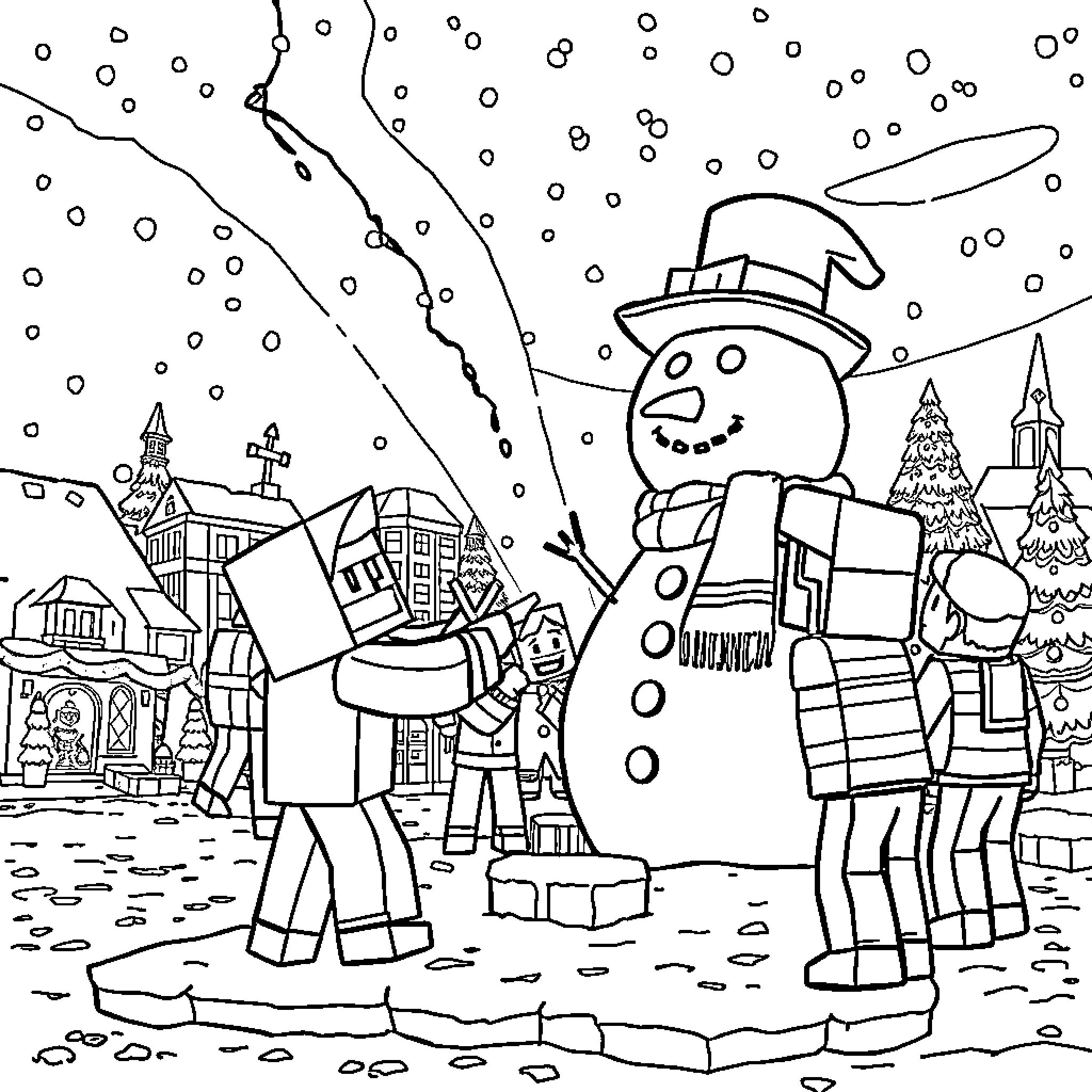 Minecraft Snowman and Villagers in Winter Wonderland Coloring Page (free black-and-white line drawing printable PDF for all, from beginners to advanced learners, including children, teens, adults, and seniors)