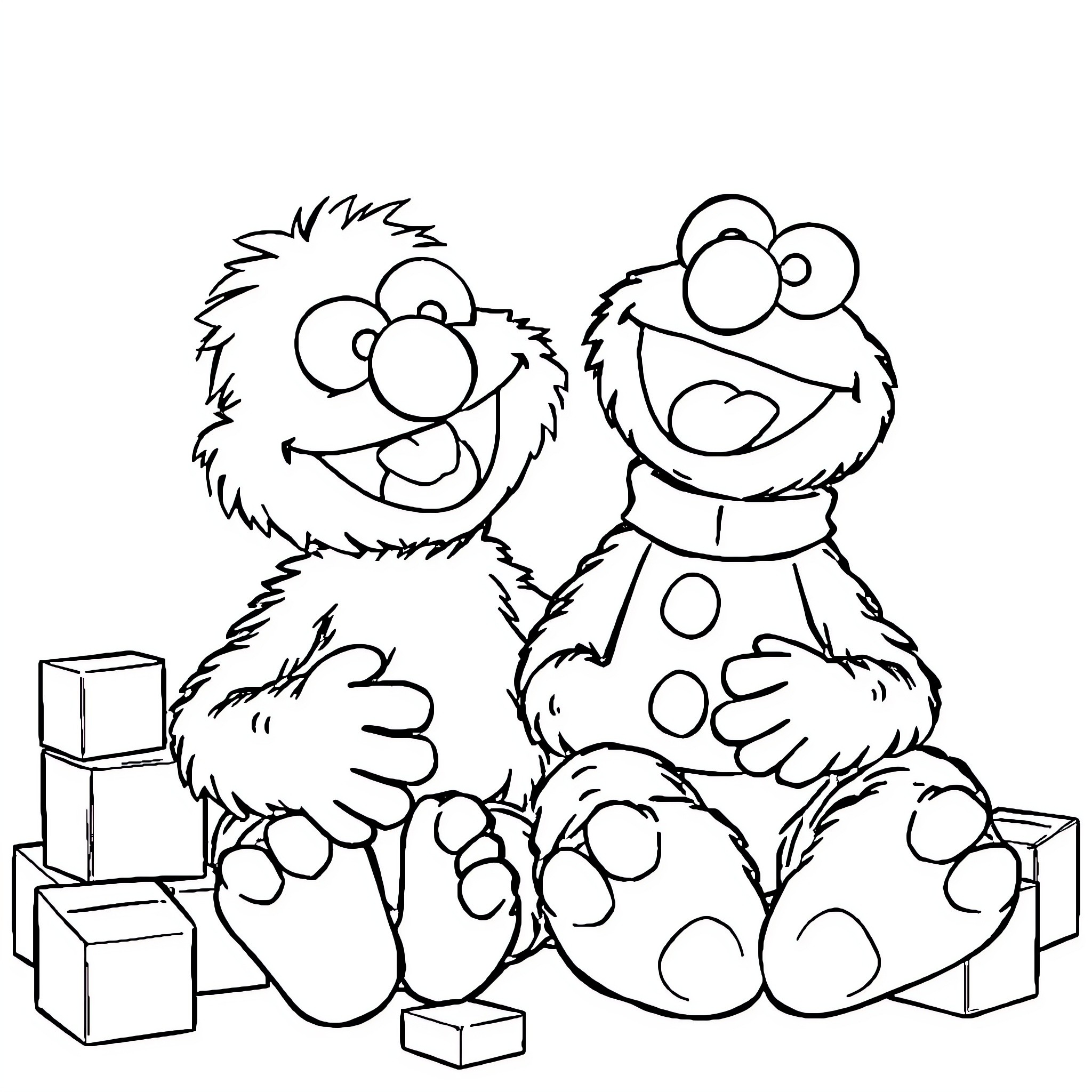 Elmo and Friend Playing with Toys Happily Coloring Page (free black-and-white line drawing printable PDF for all, from beginners to advanced learners, including children, teens, adults, and seniors)