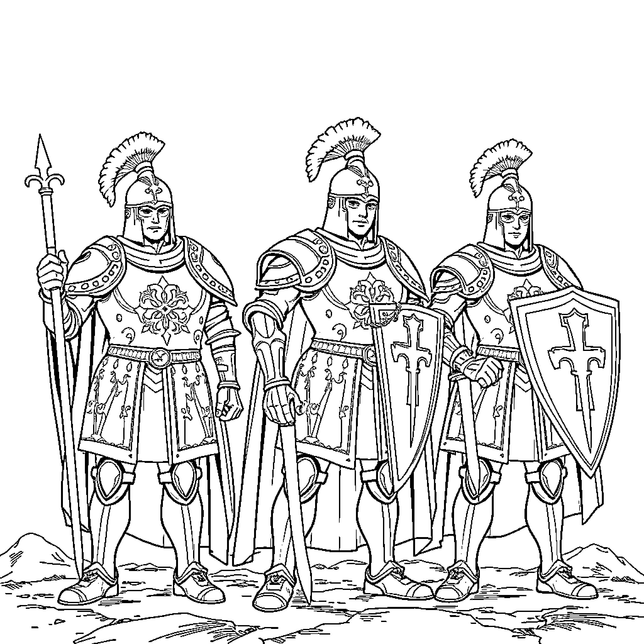 Caballero Knights in Ornate Armor and Regalia Coloring Page (free black-and-white line drawing printable PDF for all, from beginners to advanced learners, including children, teens, adults, and seniors)