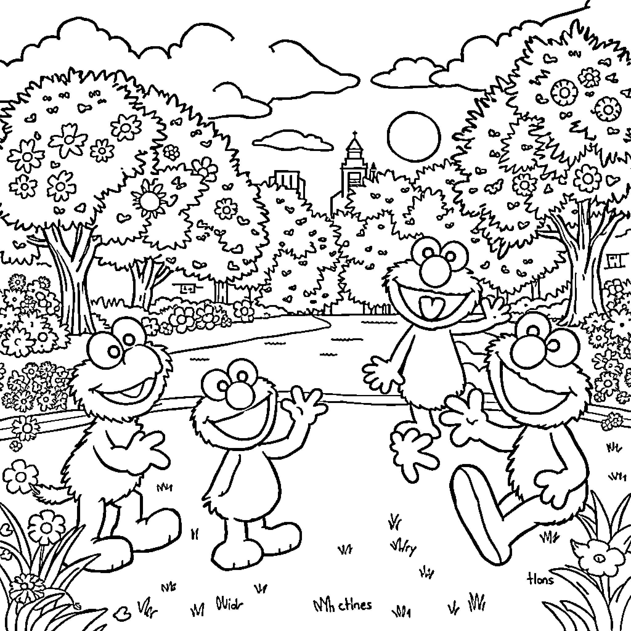 Elmo and Friends Explore the Enchanted Landscape Coloring Page (free black-and-white line drawing printable PDF for all, from beginners to advanced learners, including children, teens, adults, and seniors)
