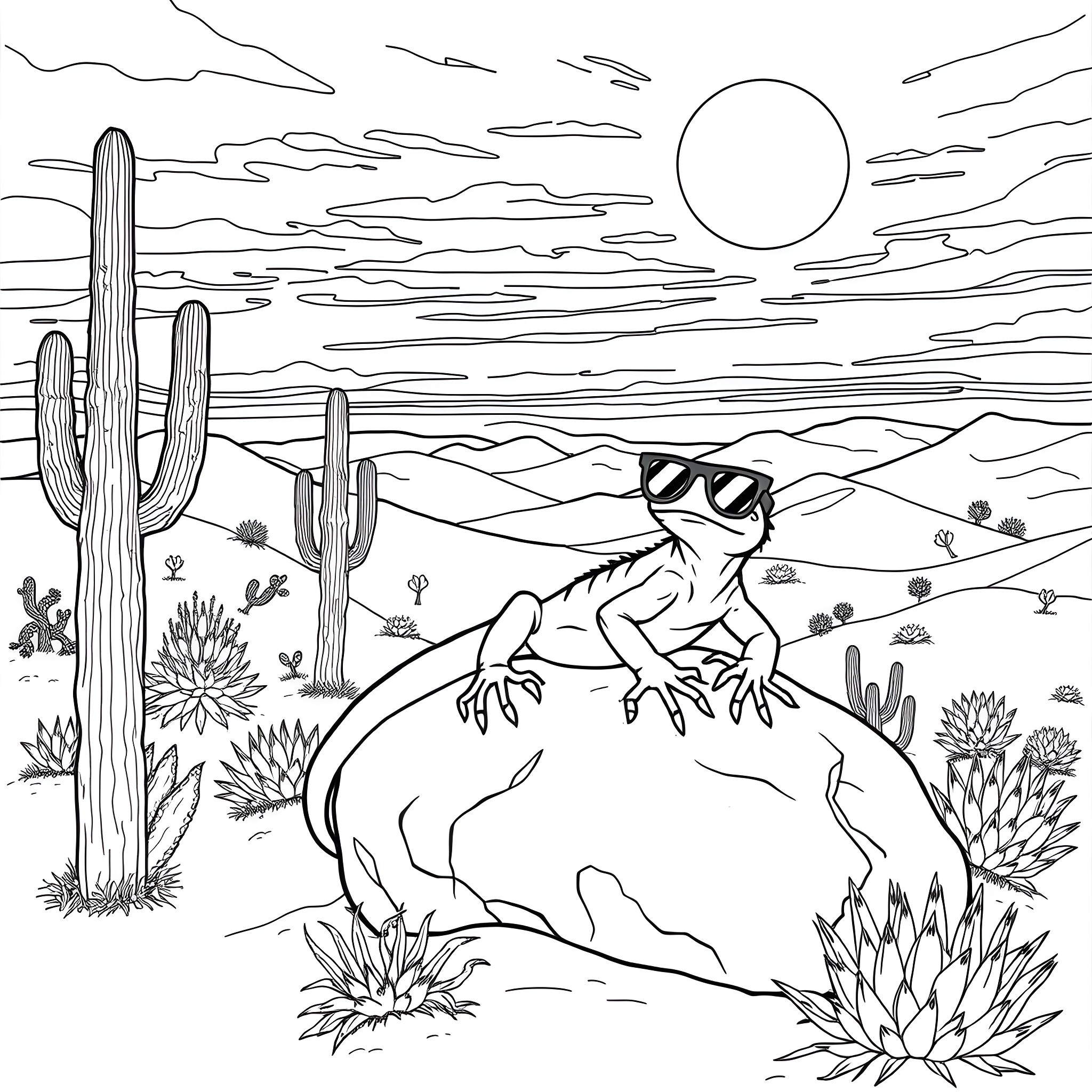 Lizard exploring desert landscape under the sun Coloring Page (free black-and-white line drawing printable PDF for all, from beginners to advanced learners, including children, teens, adults, and seniors)