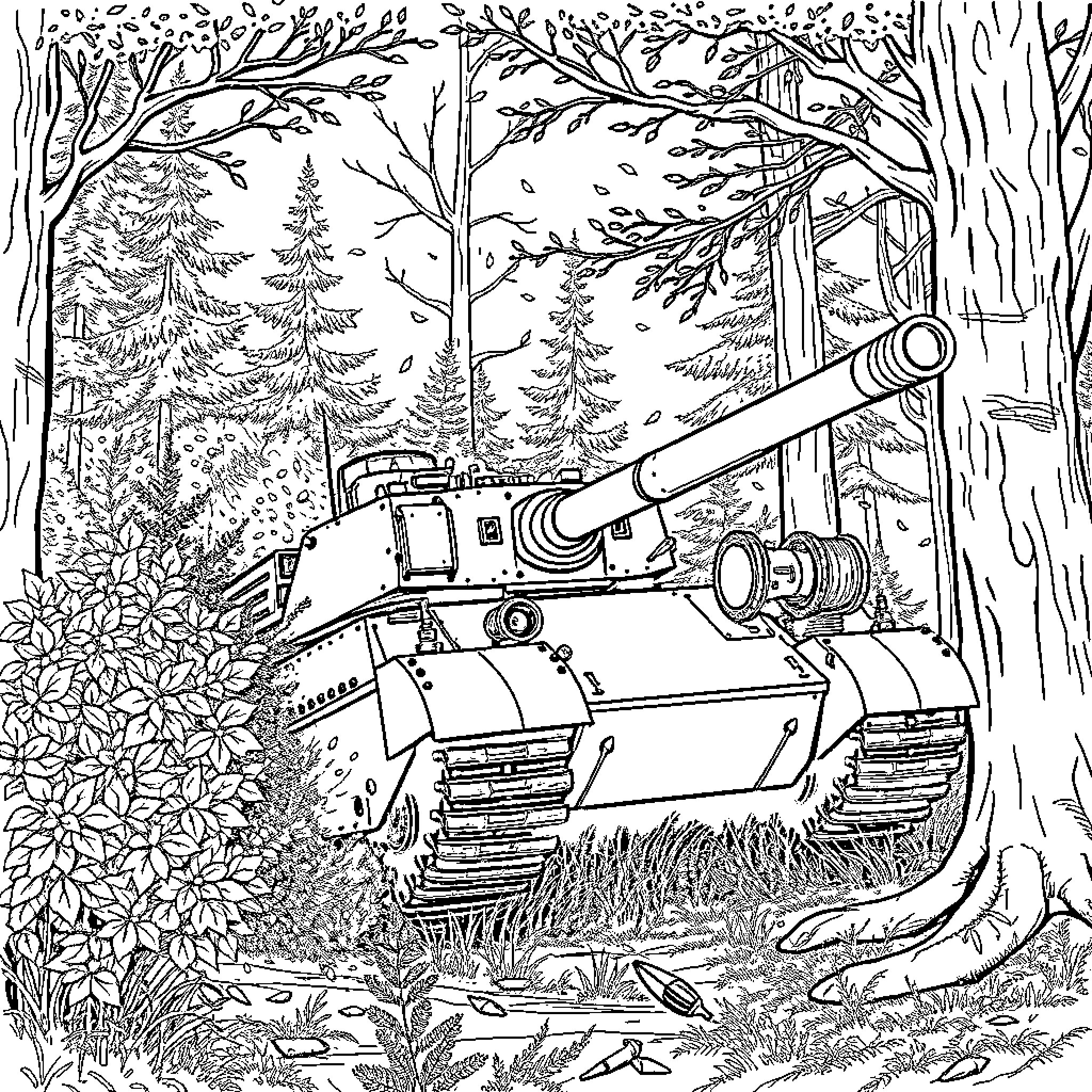 Tank moving through a forested landscape Coloring Page (free black-and-white line drawing printable PDF for all, from beginners to advanced learners, including children, teens, adults, and seniors)