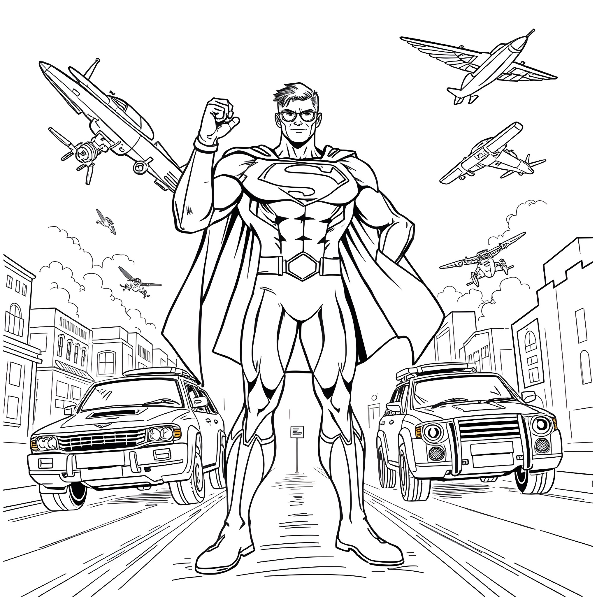 Superhero saving the city with his superpowers Coloring Page (free black-and-white line drawing printable PDF for all, from beginners to advanced learners, including children, teens, adults, and seniors)