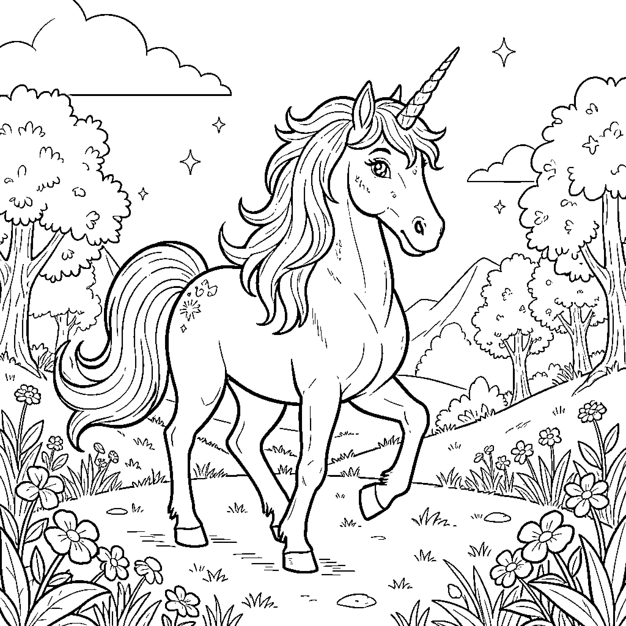 Unicorn wandering through enchanting woodland Coloring Page (free black-and-white line drawing printable PDF for all, from beginners to advanced learners, including children, teens, adults, and seniors)