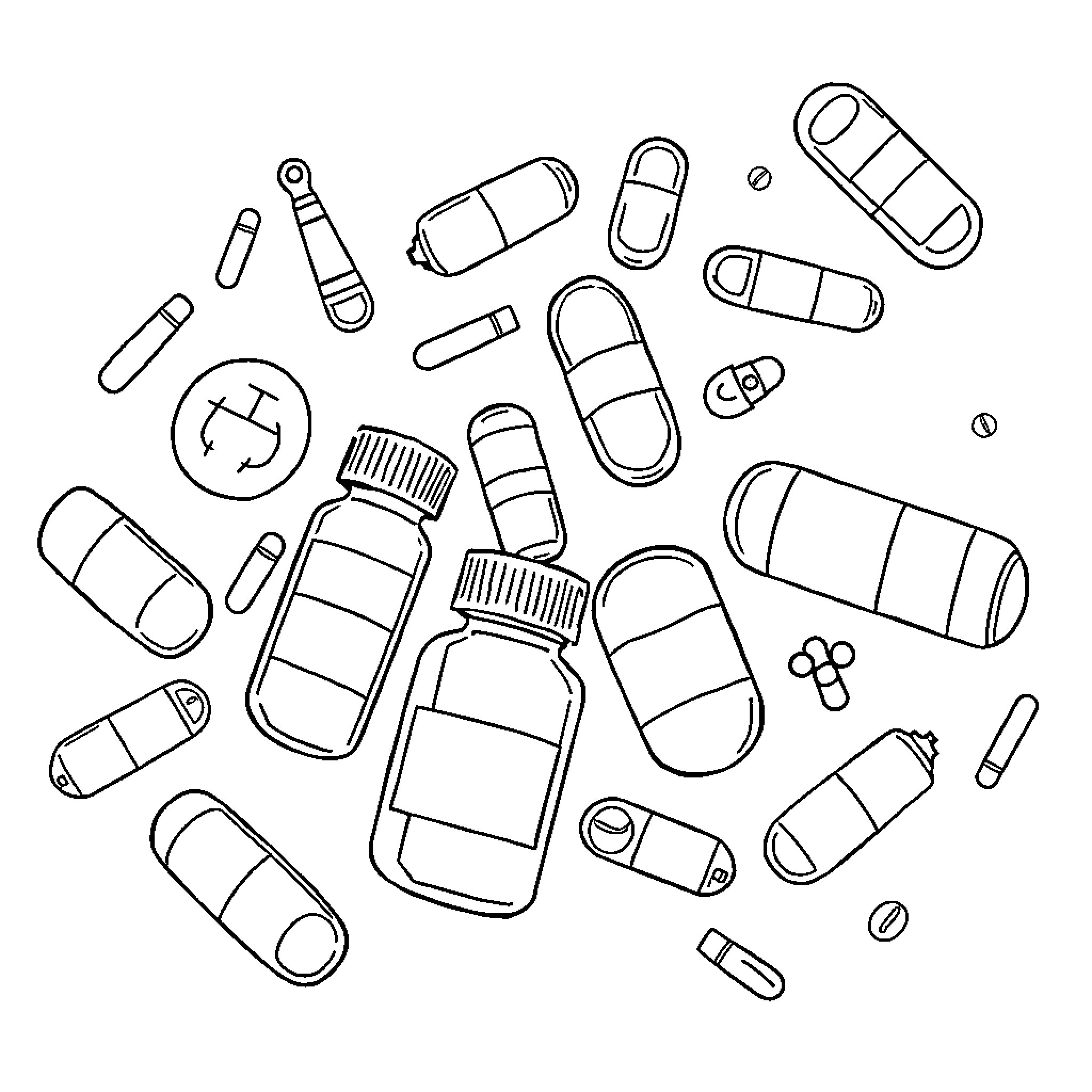 Medication variety in a scattered arrangement Coloring Page (free black-and-white line drawing printable PDF for all, from beginners to advanced learners, including children, teens, adults, and seniors)