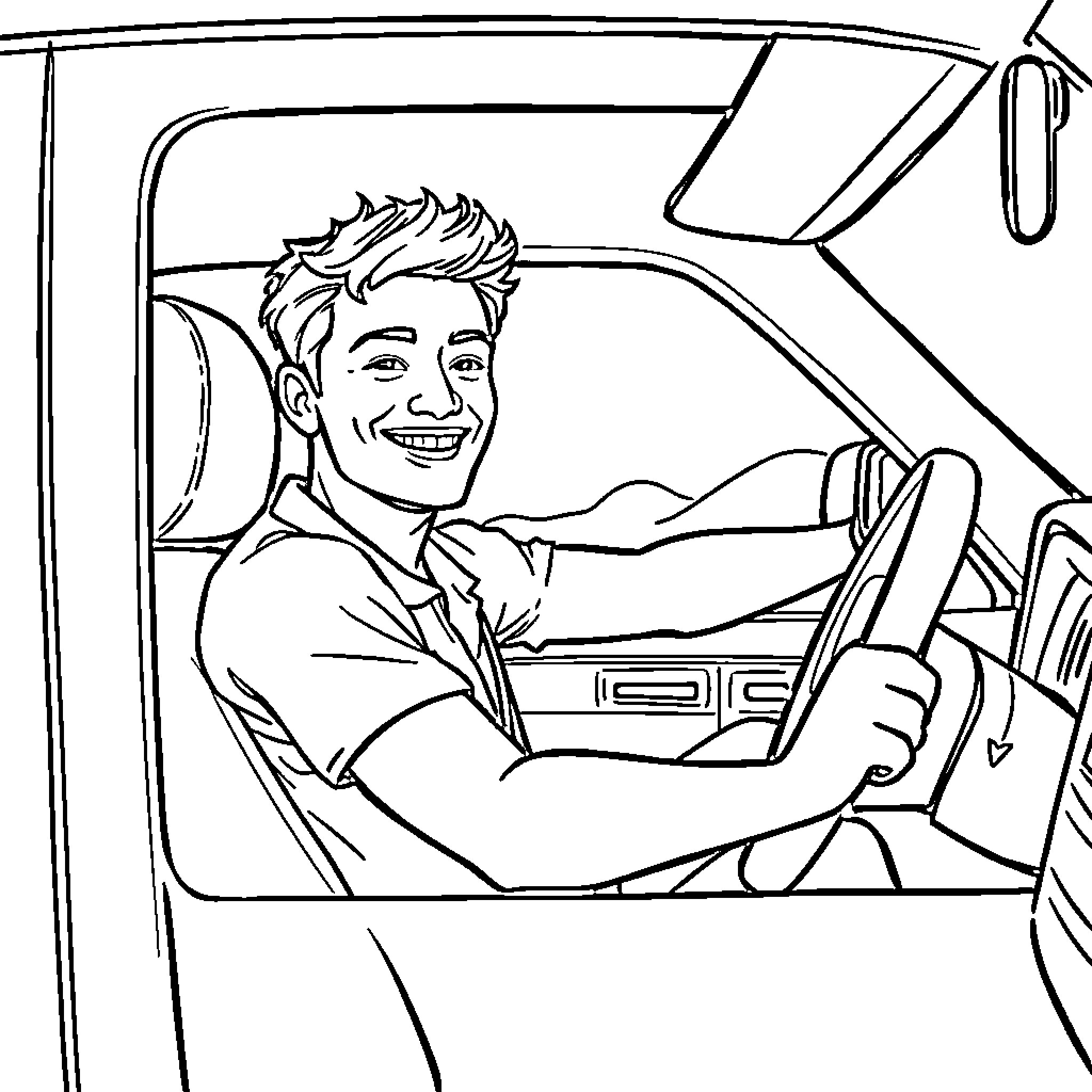 Yeat driving happily in his car Coloring Page (free black-and-white line drawing printable PDF for all, from beginners to advanced learners, including children, teens, adults, and seniors)