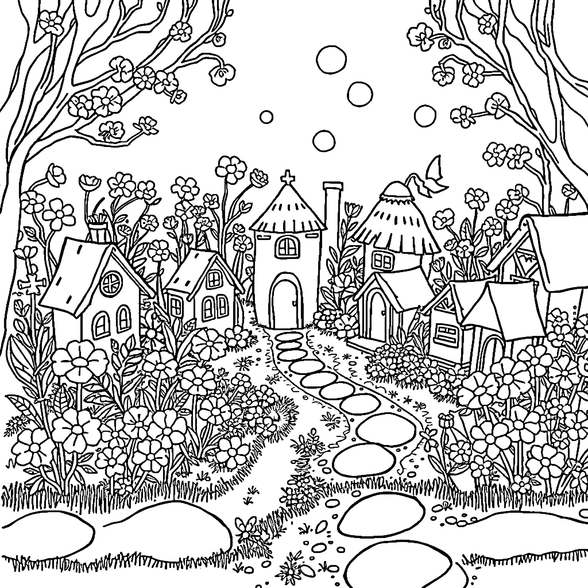 Fairy Village in Whimsical Floral Landscape Coloring Page (free black-and-white line drawing printable PDF for all, from beginners to advanced learners, including children, teens, adults, and seniors)