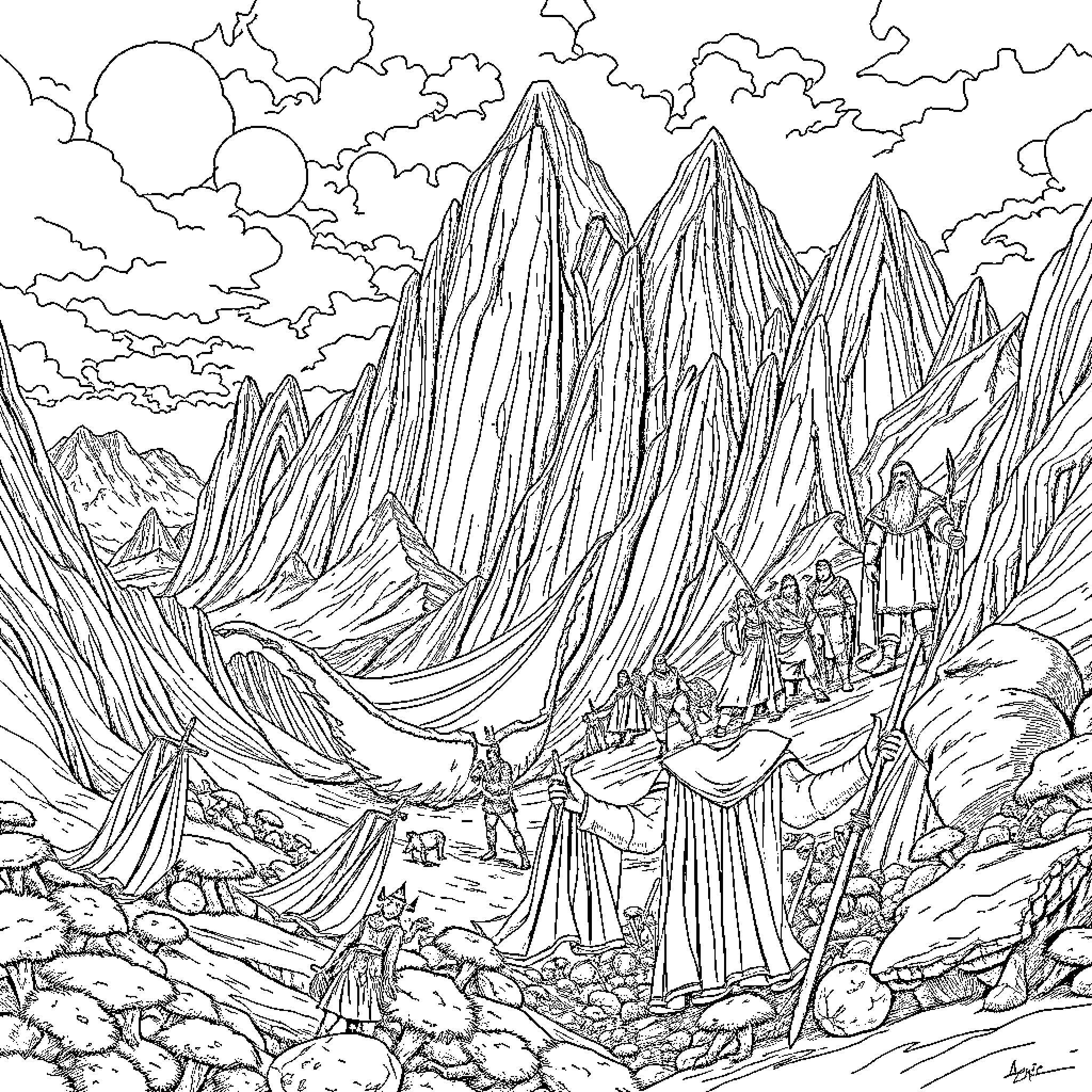 Lord of the Rings: Adventurers Trekking Through Rugged Mountains Coloring Page (free black-and-white line drawing printable PDF for all, from beginners to advanced learners, including children, teens, adults, and seniors)