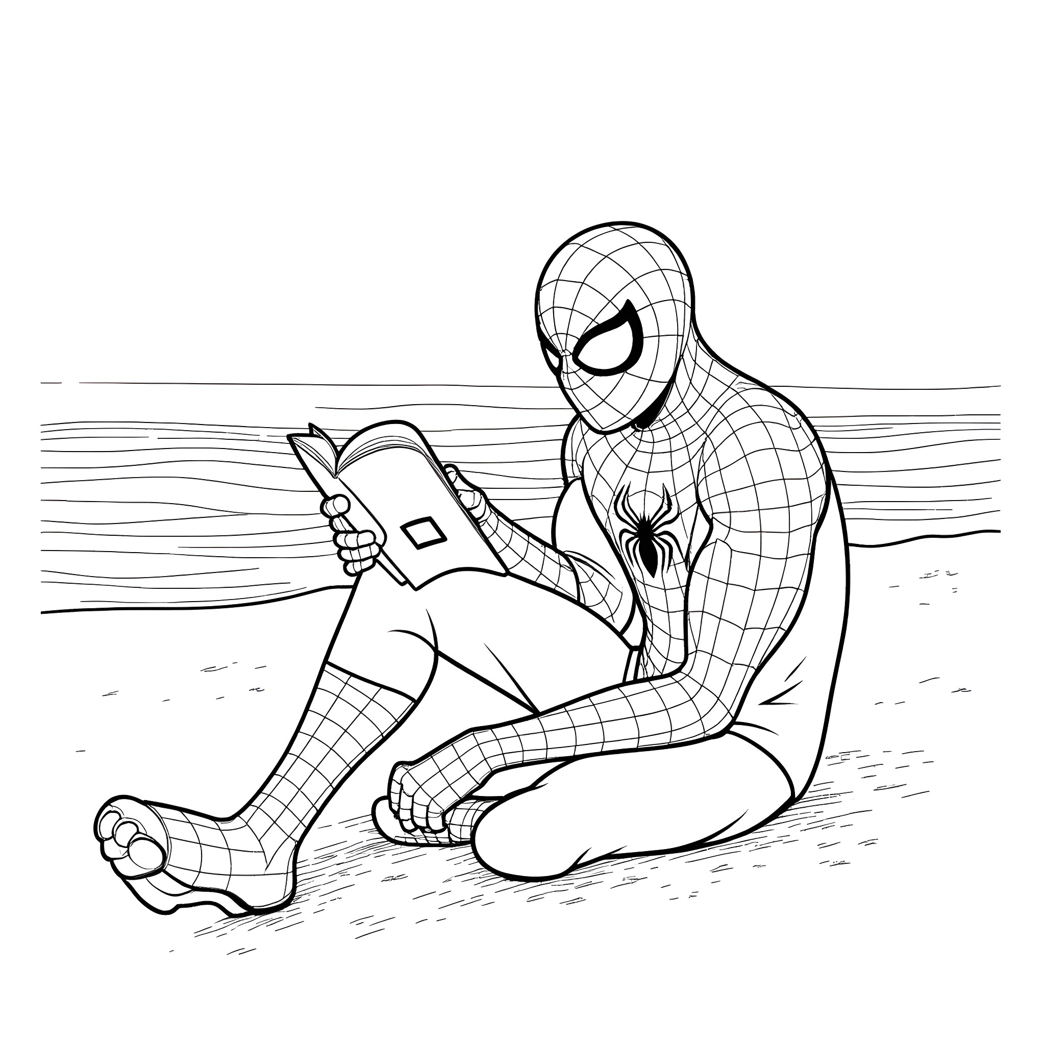 Spider-Man reading book on the beach Coloring Page (free black-and-white line drawing printable PDF for all, from beginners to advanced learners, including children, teens, adults, and seniors)