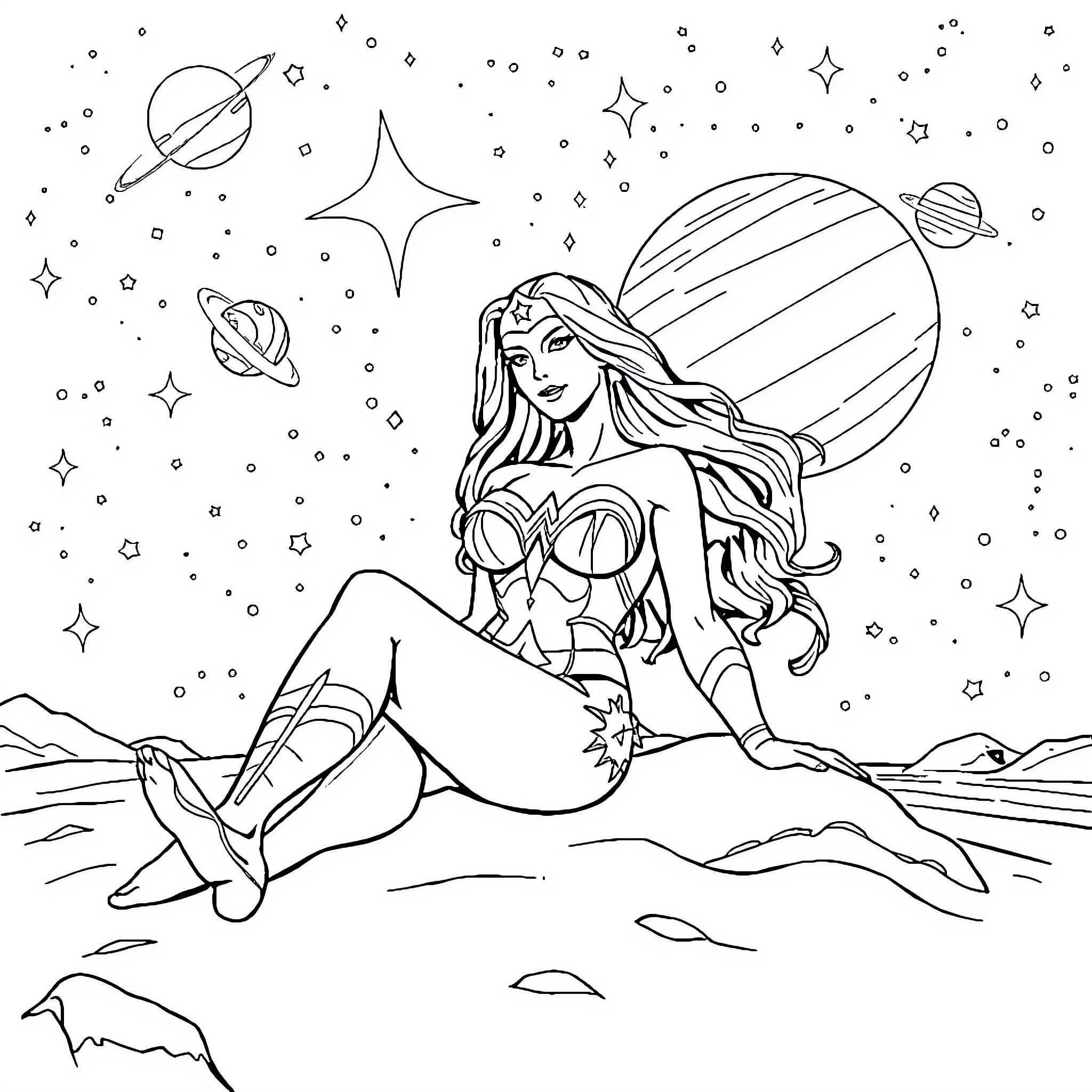 Wonder Woman exploring the cosmos Coloring Page (free black-and-white line drawing printable PDF for all, from beginners to advanced learners, including children, teens, adults, and seniors)
