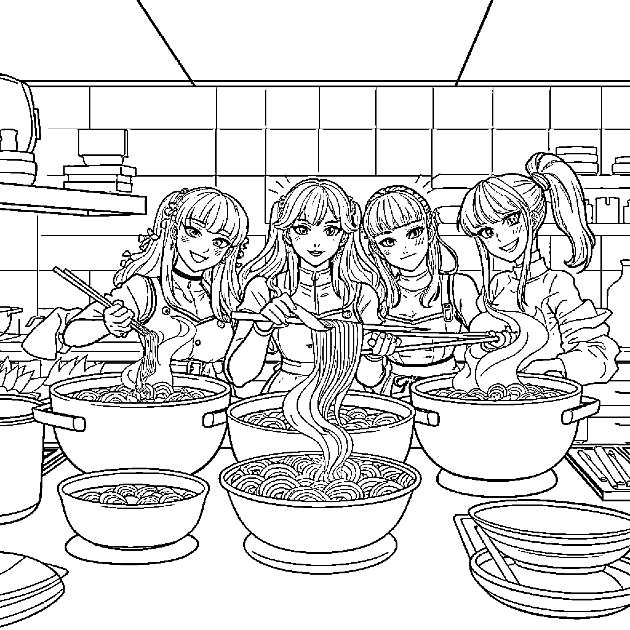 K-pop Girl Group Cooking Together in Kitchen Coloring Page (free black-and-white line drawing printable PDF for all, from beginners to advanced learners, including children, teens, adults, and seniors)