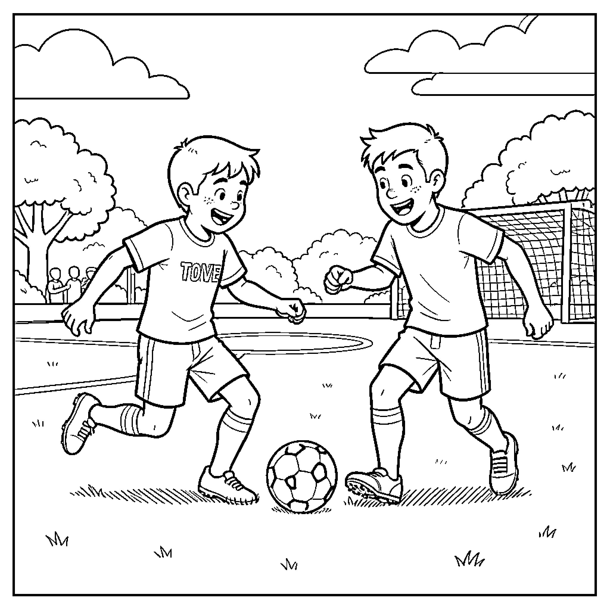 Olive et Tom playing soccer with excitement on field Coloring Page (free black-and-white line drawing printable PDF for all, from beginners to advanced learners, including children, teens, adults, and seniors)