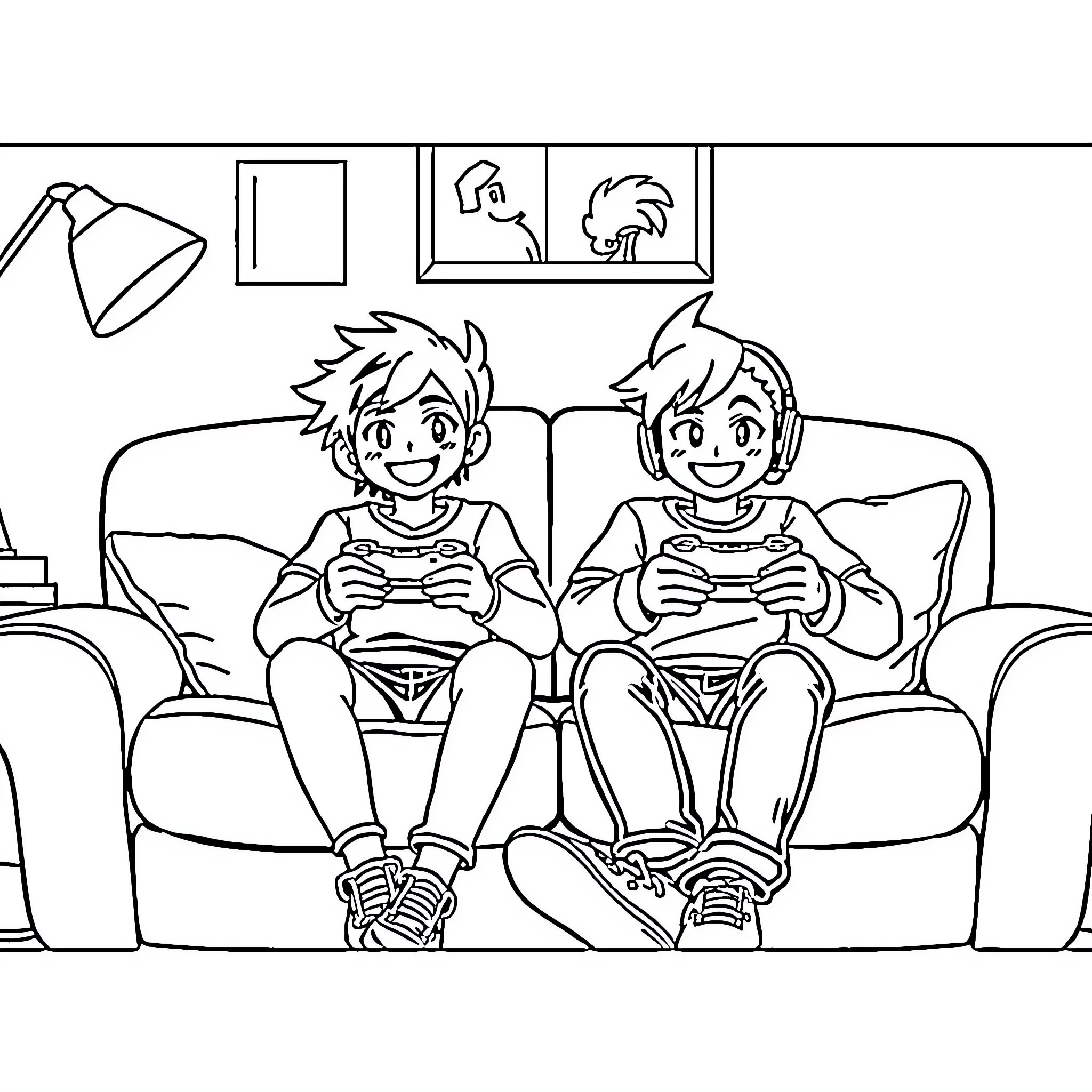 Kuromi friends enjoy gaming time together Coloring Page (free black-and-white line drawing printable PDF for all, from beginners to advanced learners, including children, teens, adults, and seniors)
