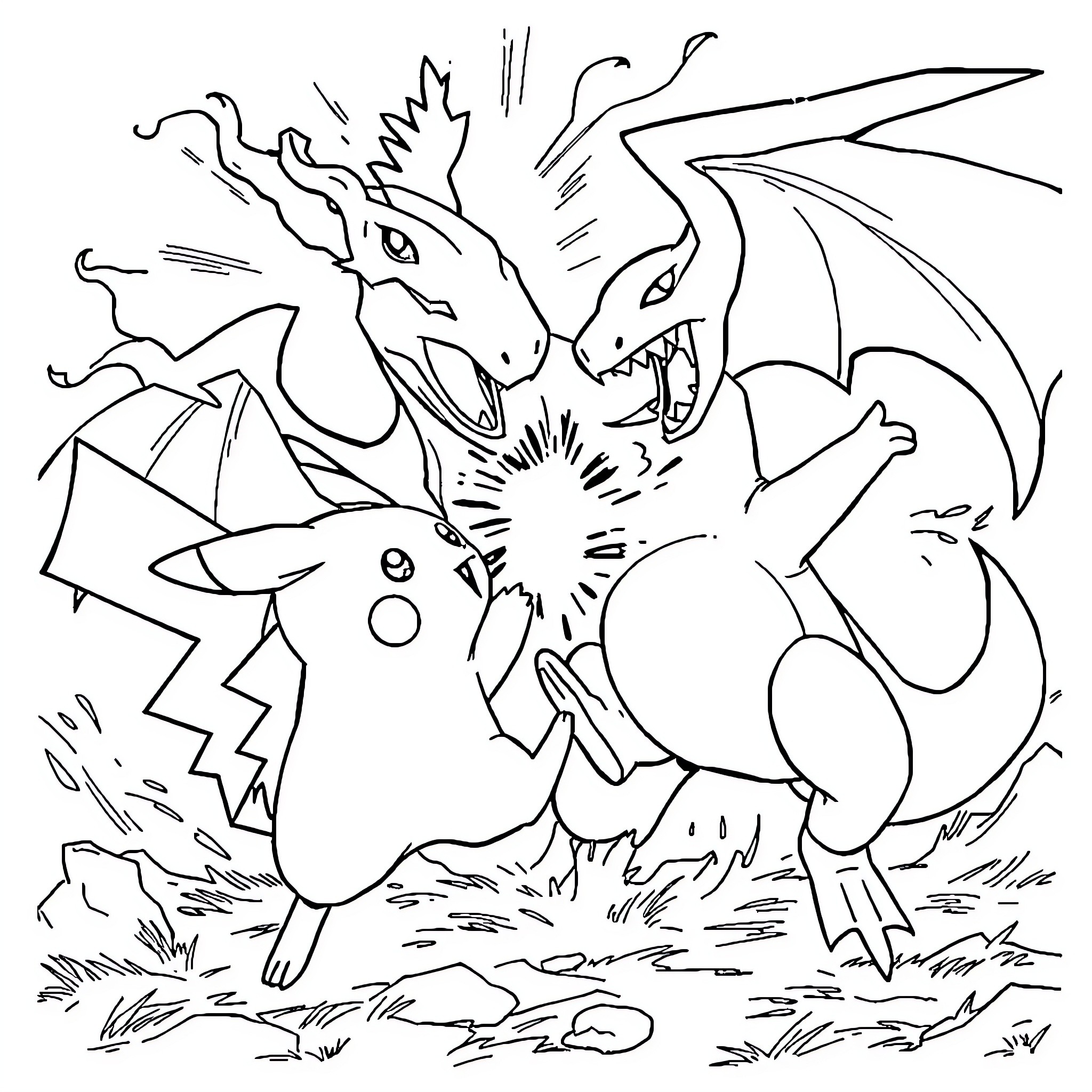 Pikachu battling a fierce dragon in the wilderness Coloring Page (free black-and-white line drawing printable PDF for all, from beginners to advanced learners, including children, teens, adults, and seniors)