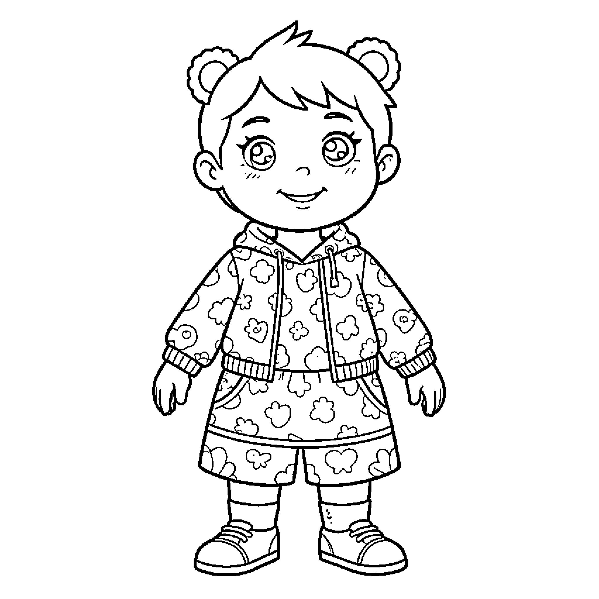 Stitch of a cheerful young girl in patterned attire Coloring Page (free black-and-white line drawing printable PDF for all, from beginners to advanced learners, including children, teens, adults, and seniors)