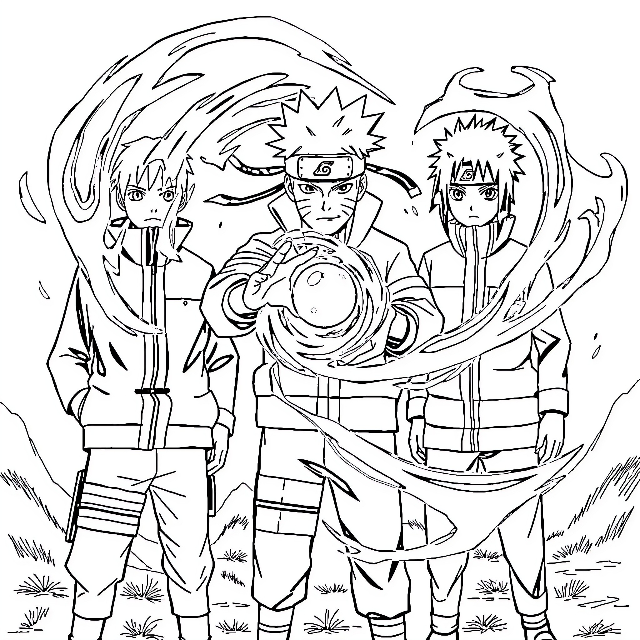 Naruto Characters in Dramatic Action Poses Coloring Page (free black-and-white line drawing printable PDF for all, from beginners to advanced learners, including children, teens, adults, and seniors)