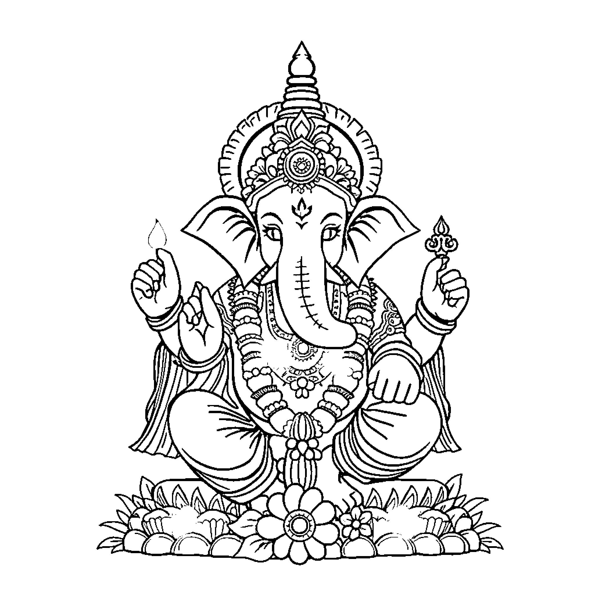 Ganpati seated amidst floral decor Coloring Page (free black-and-white line drawing printable PDF for all, from beginners to advanced learners, including children, teens, adults, and seniors)