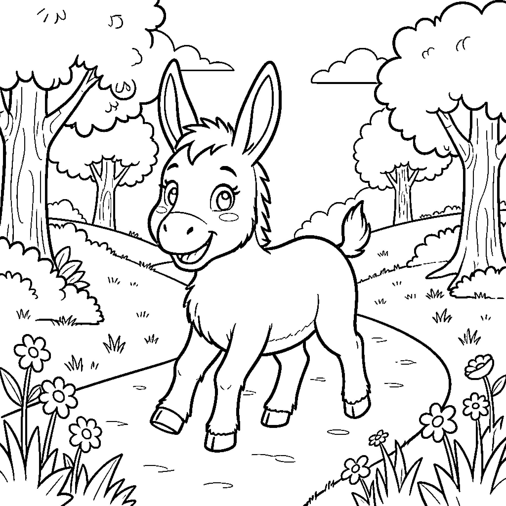 Donkey enjoying a peaceful stroll in the forest Coloring Page (free black-and-white line drawing printable PDF for all, from beginners to advanced learners, including children, teens, adults, and seniors)