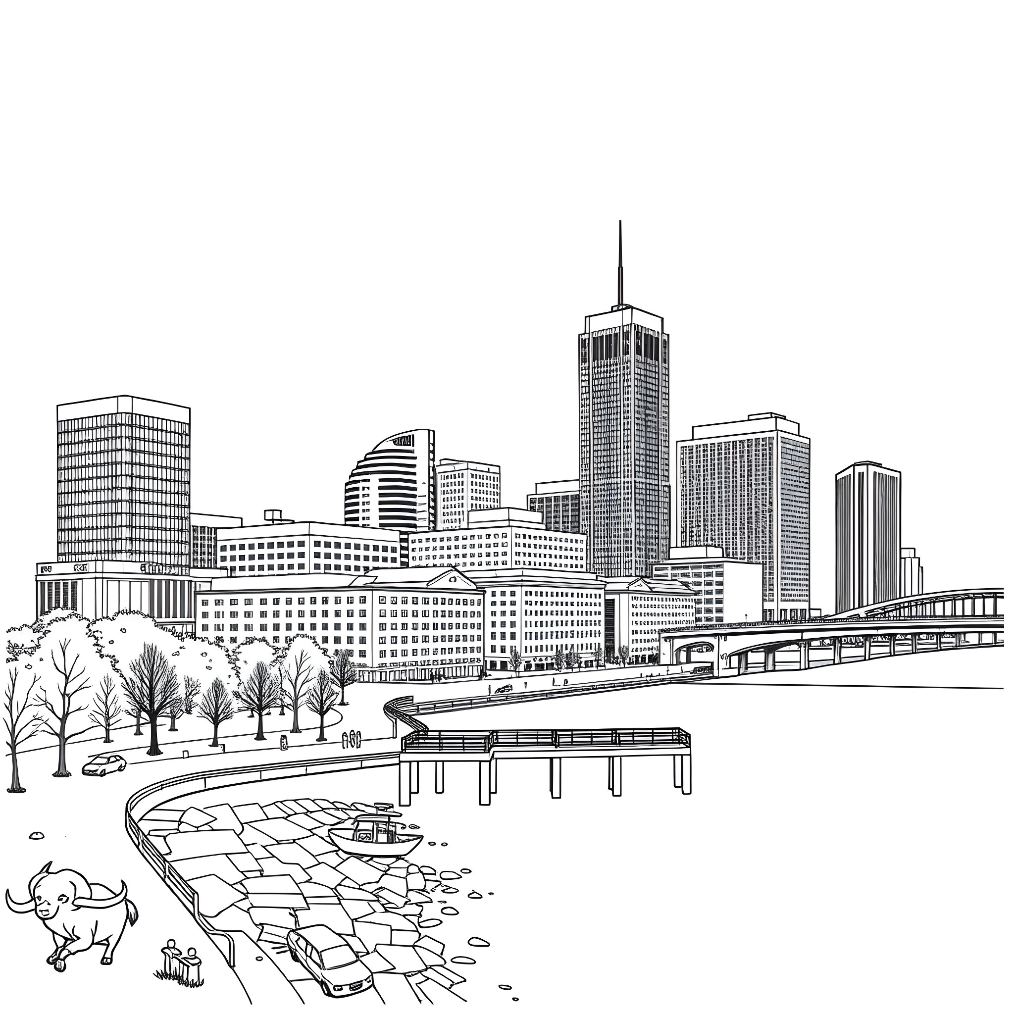 Buffalo skyline with urban buildings and pedestrian path Coloring Page (free black-and-white line drawing printable PDF for all, from beginners to advanced learners, including children, teens, adults, and seniors)