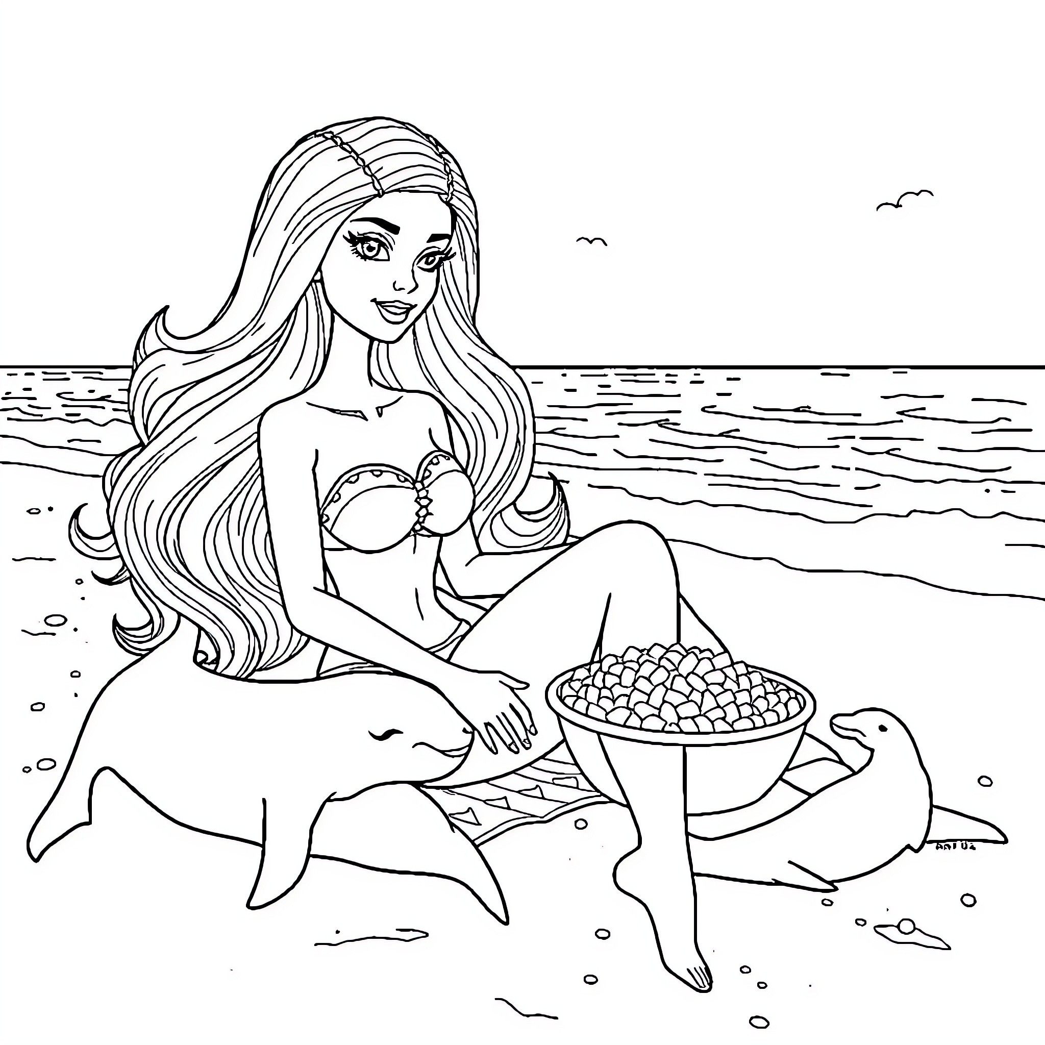 Barbie enjoying a day at the beach Coloring Page (free black-and-white line drawing printable PDF for all, from beginners to advanced learners, including children, teens, adults, and seniors)