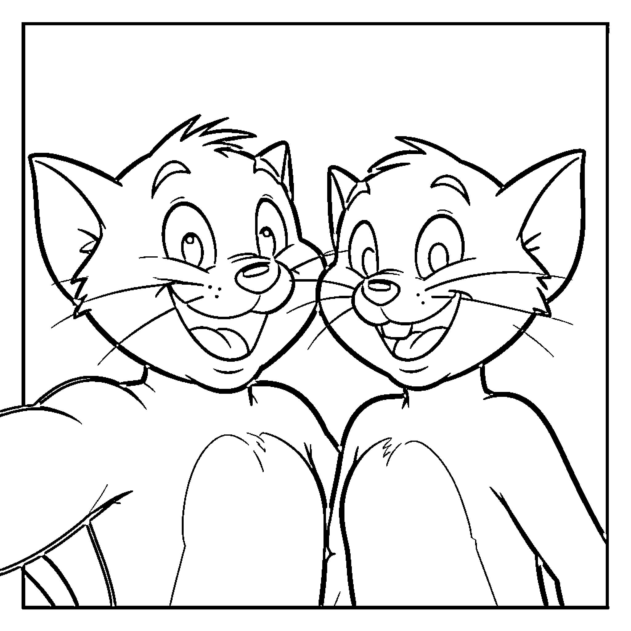 Tom and Jerry smiling happily together side by side Coloring Page (free black-and-white line drawing printable PDF for all, from beginners to advanced learners, including children, teens, adults, and seniors)
