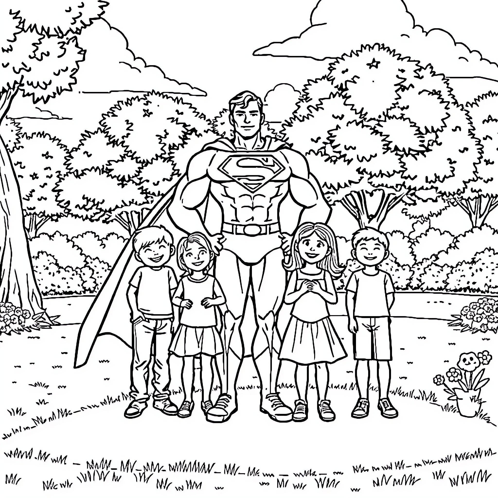 Superman helping family enjoy outdoors in nature Coloring Page (free black-and-white line drawing printable PDF for all, from beginners to advanced learners, including children, teens, adults, and seniors)