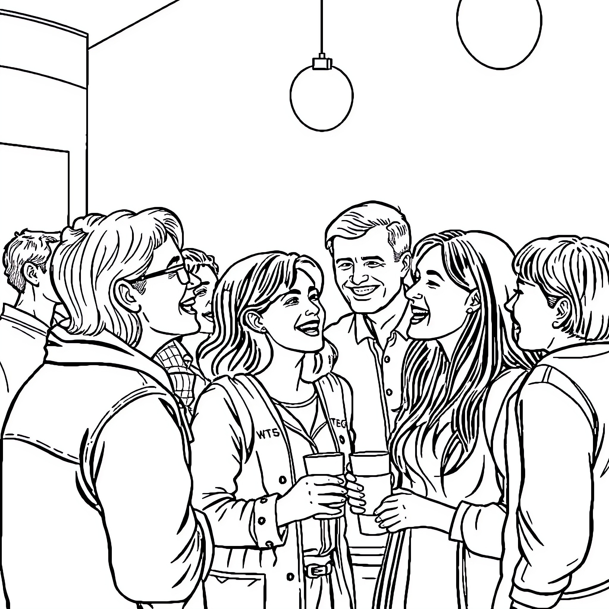 Person interacting with friends at social gathering Coloring Page (free black-and-white line drawing printable PDF for all, from beginners to advanced learners, including children, teens, adults, and seniors)