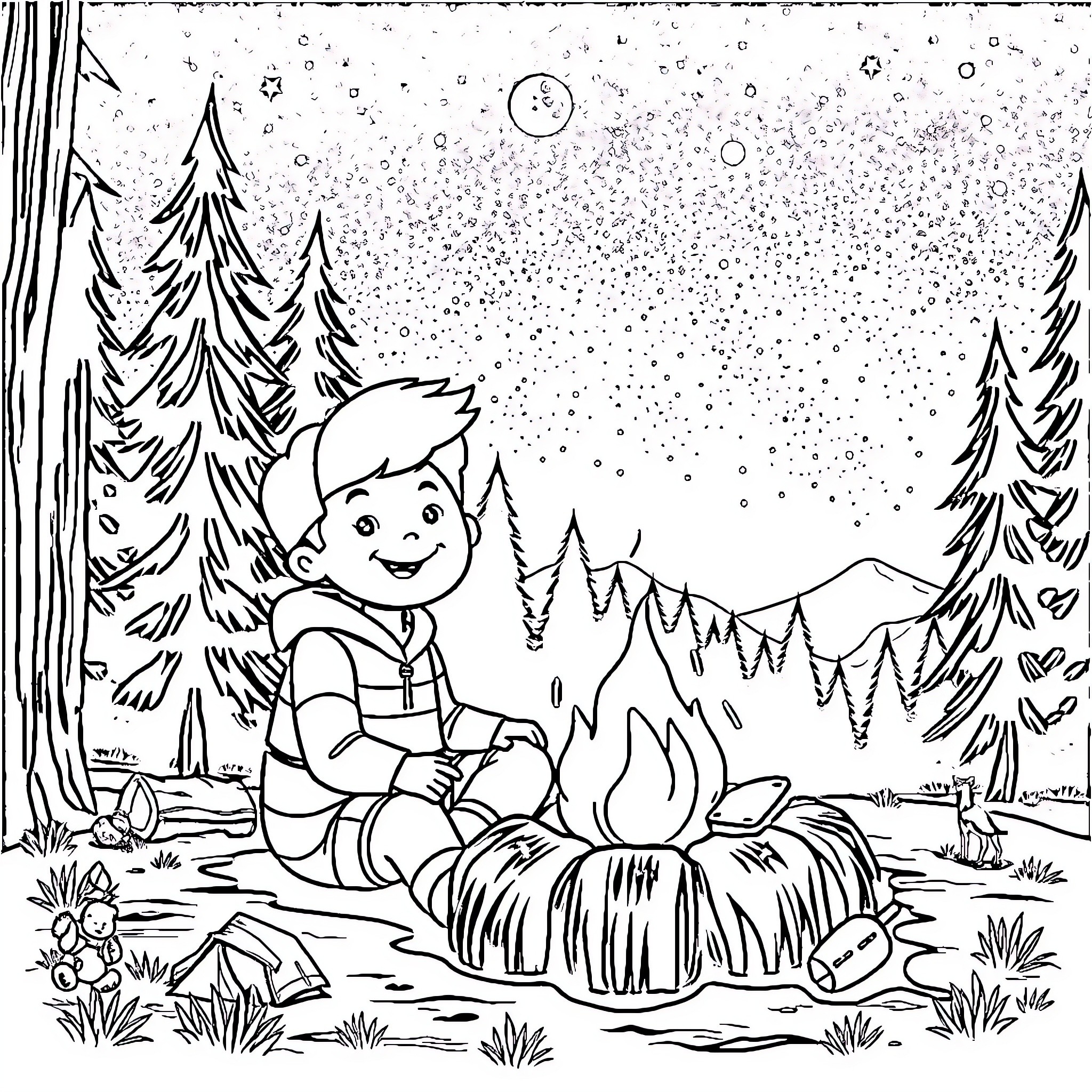 Camper enjoying campfire in snowy forest Coloring Page (free black-and-white line drawing printable PDF for all, from beginners to advanced learners, including children, teens, adults, and seniors)