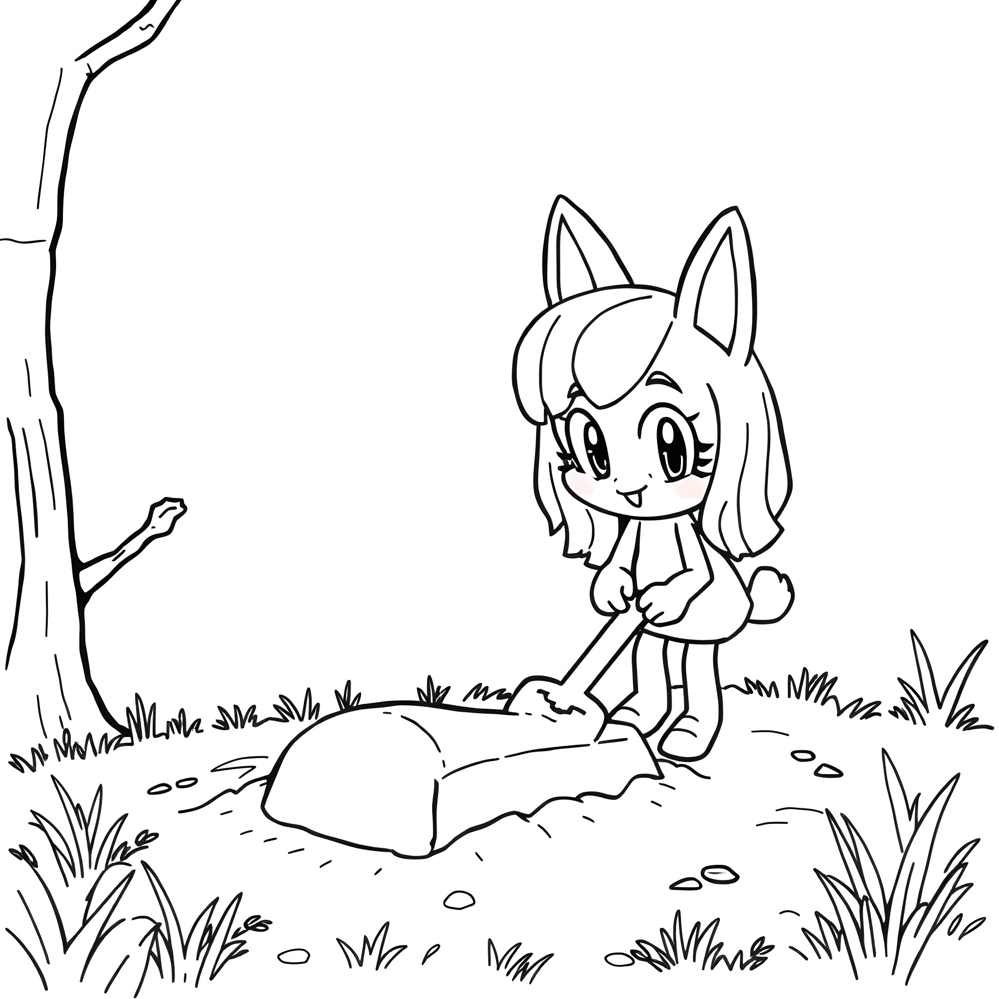 Blippy exploring the whimsical forest landscape Coloring Page (free black-and-white line drawing printable PDF for all, from beginners to advanced learners, including children, teens, adults, and seniors)