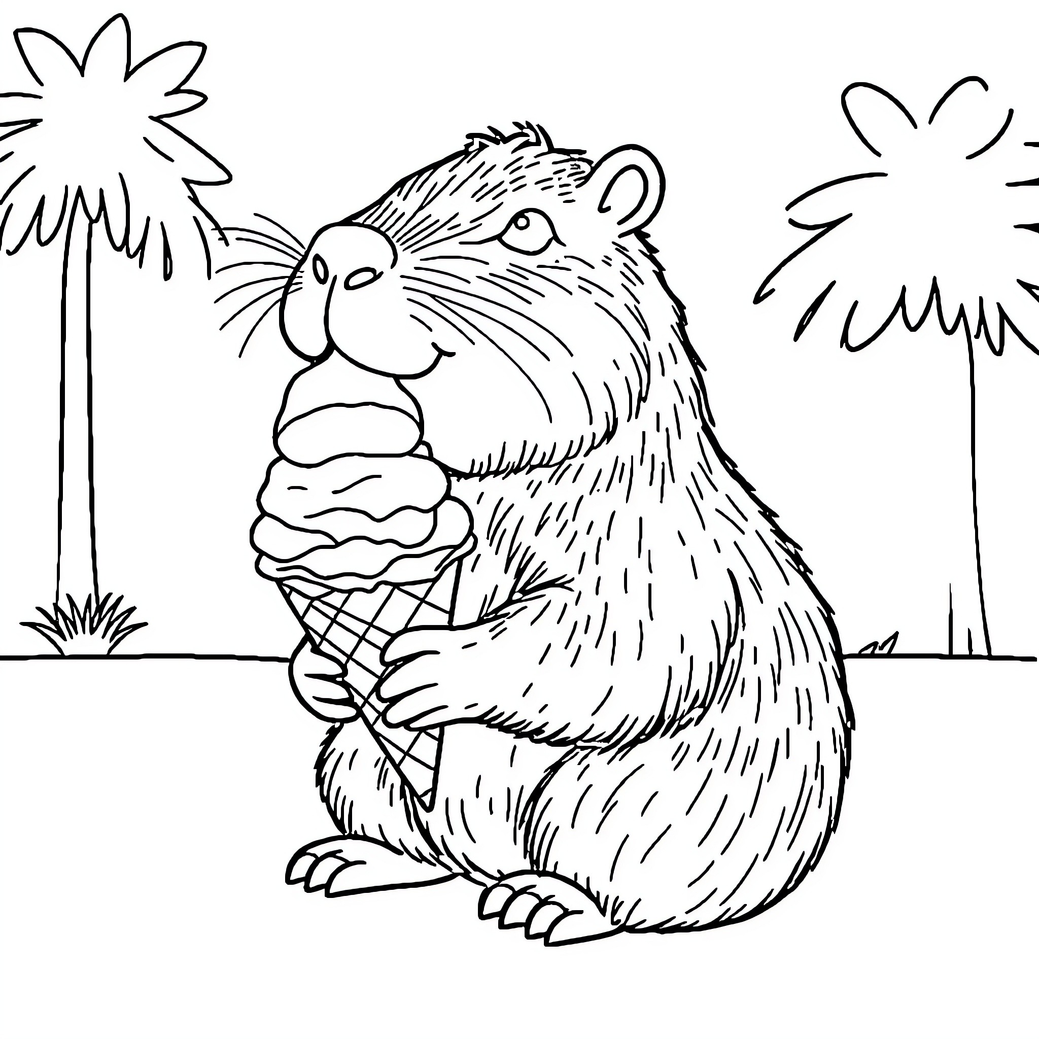 Capybara enjoying a delicious ice cream treat Coloring Page (free black-and-white line drawing printable PDF for all, from beginners to advanced learners, including children, teens, adults, and seniors)