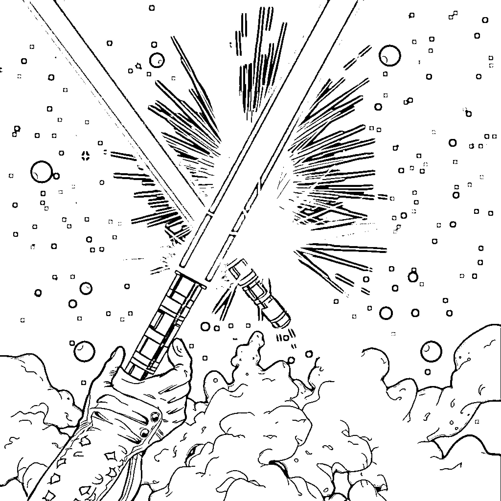 Lightsaber battle in the cosmos Coloring Page (free black-and-white line drawing printable PDF for all, from beginners to advanced learners, including children, teens, adults, and seniors)