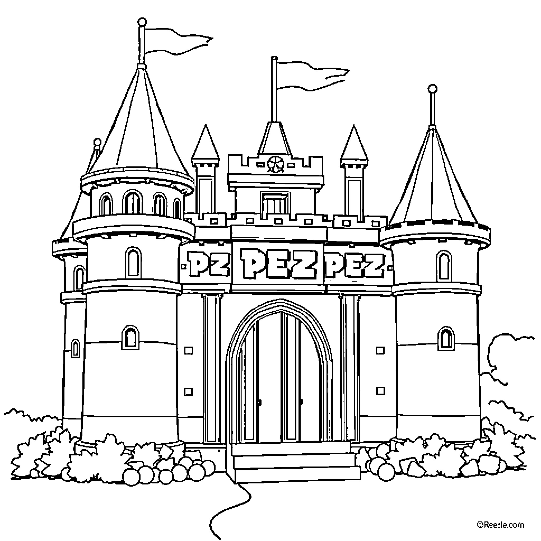 Castle with Turrets, Flags, and Archway Coloring Page (free black-and-white line drawing printable PDF for all, from beginners to advanced learners, including children, teens, adults, and seniors)