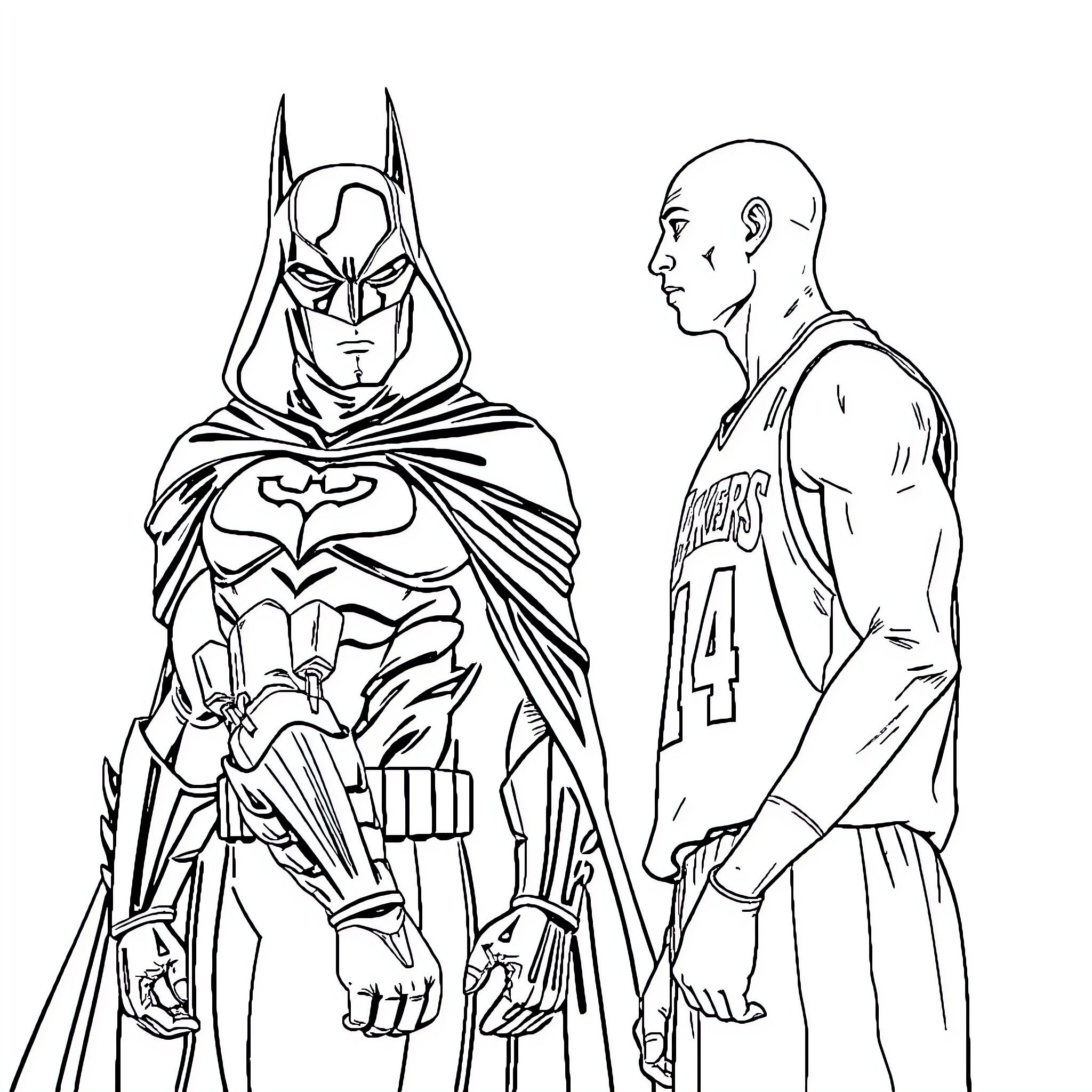 Kobe Bryant meets Batman in a dramatic encounter Coloring Page (free black-and-white line drawing printable PDF for all, from beginners to advanced learners, including children, teens, adults, and seniors)