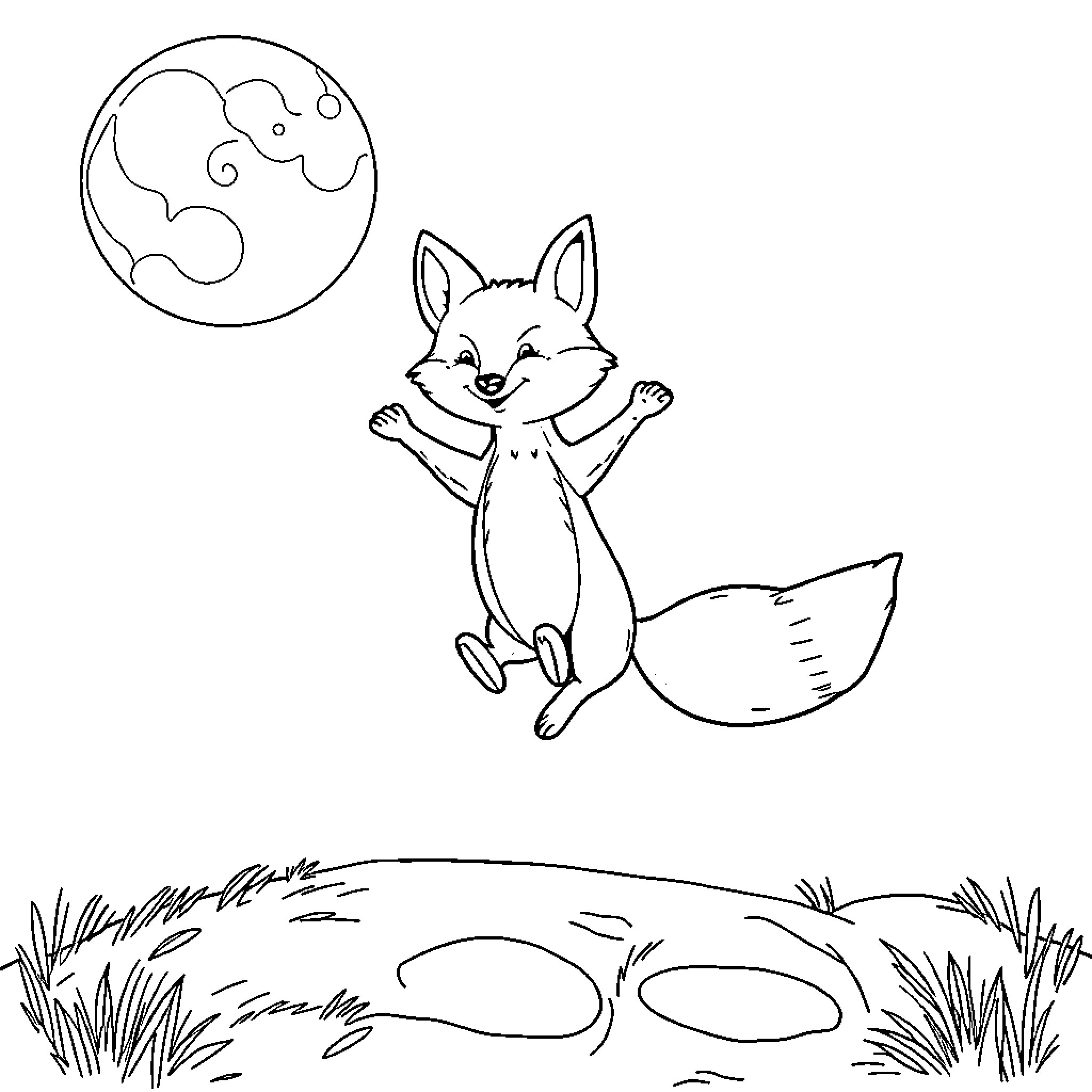 Fox jumping joyfully under the moon Coloring Page (free black-and-white line drawing printable PDF for all, from beginners to advanced learners, including children, teens, adults, and seniors)
